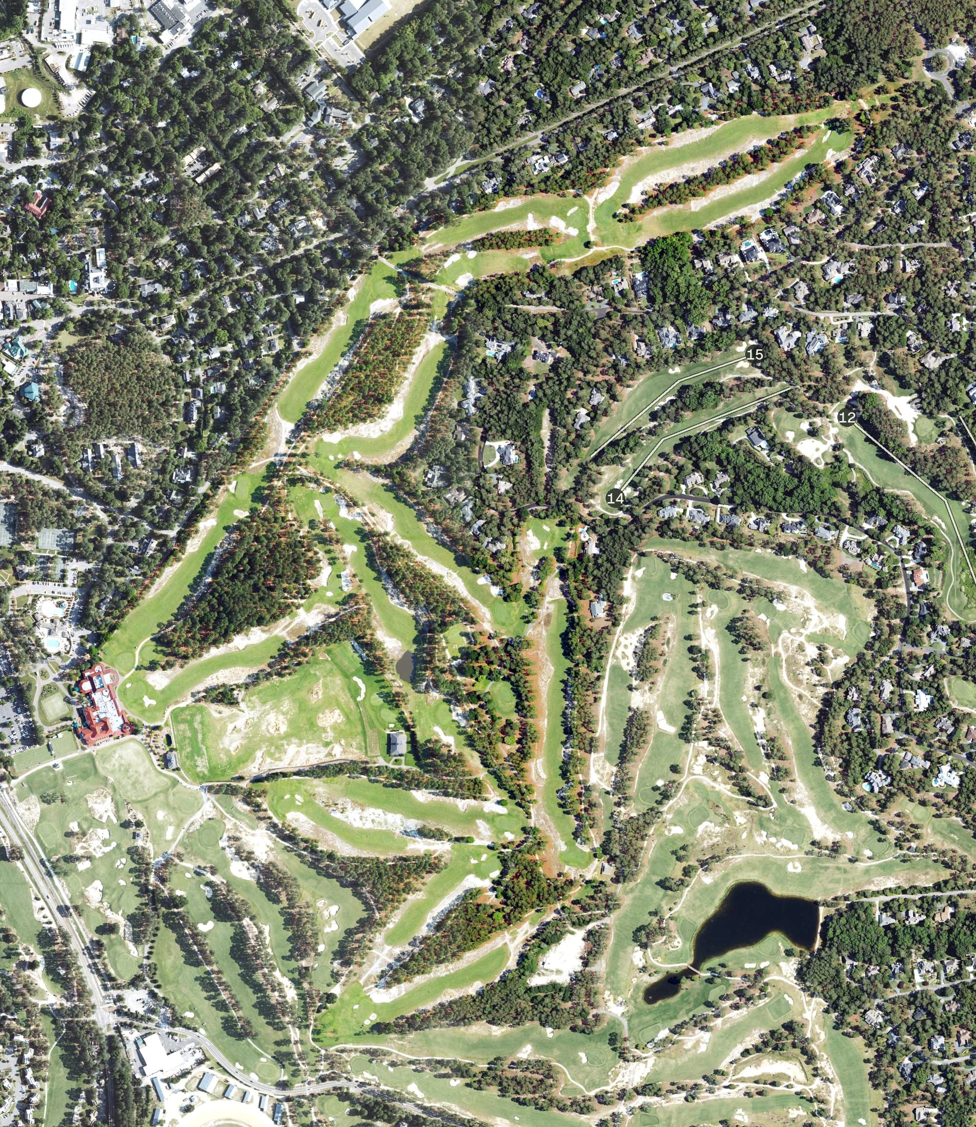 Aerial view of Pinehurst No. 2, NC, with its hole routing marked