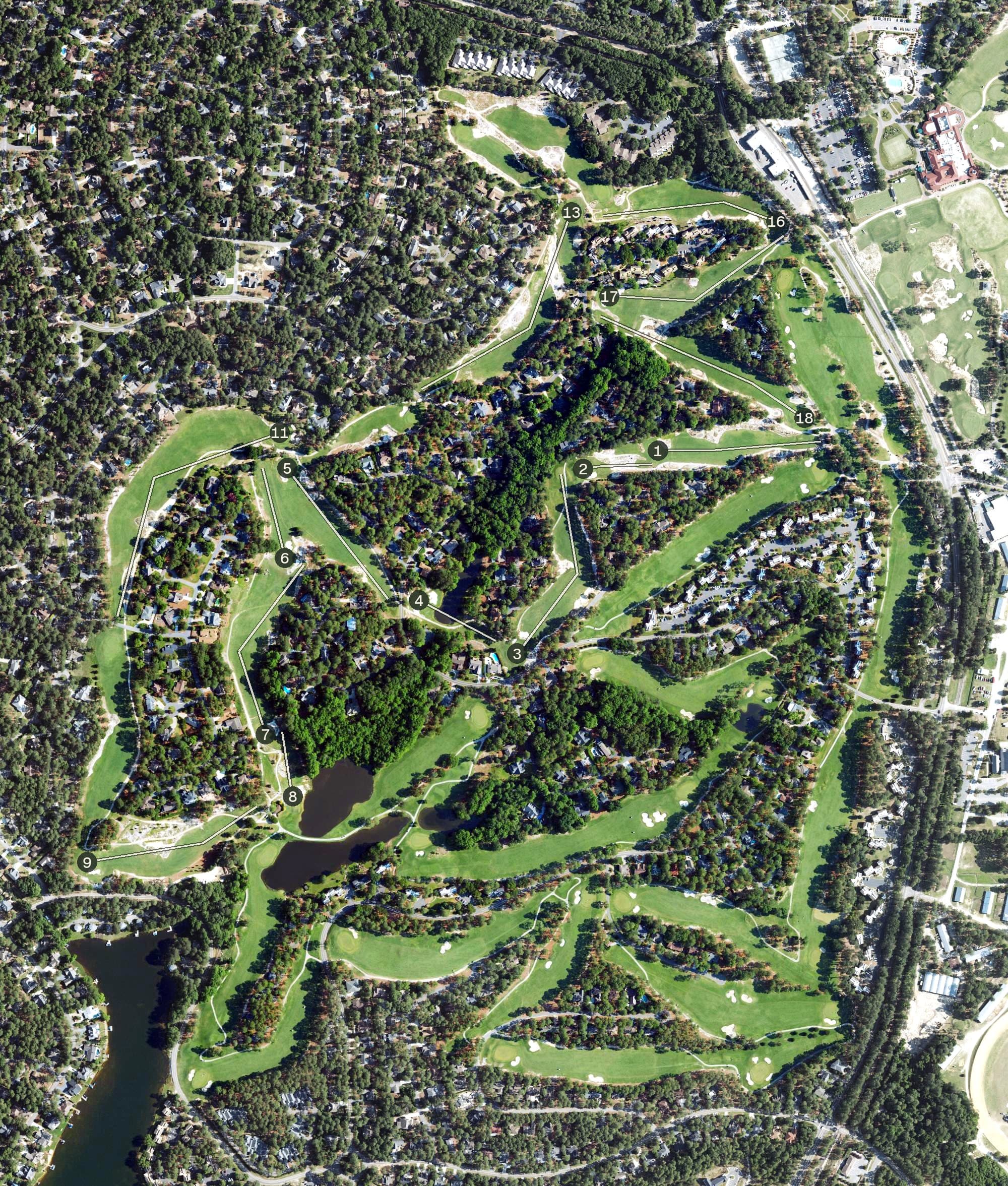 Aerial view of Pinehurst, NC, with its hole routing marked