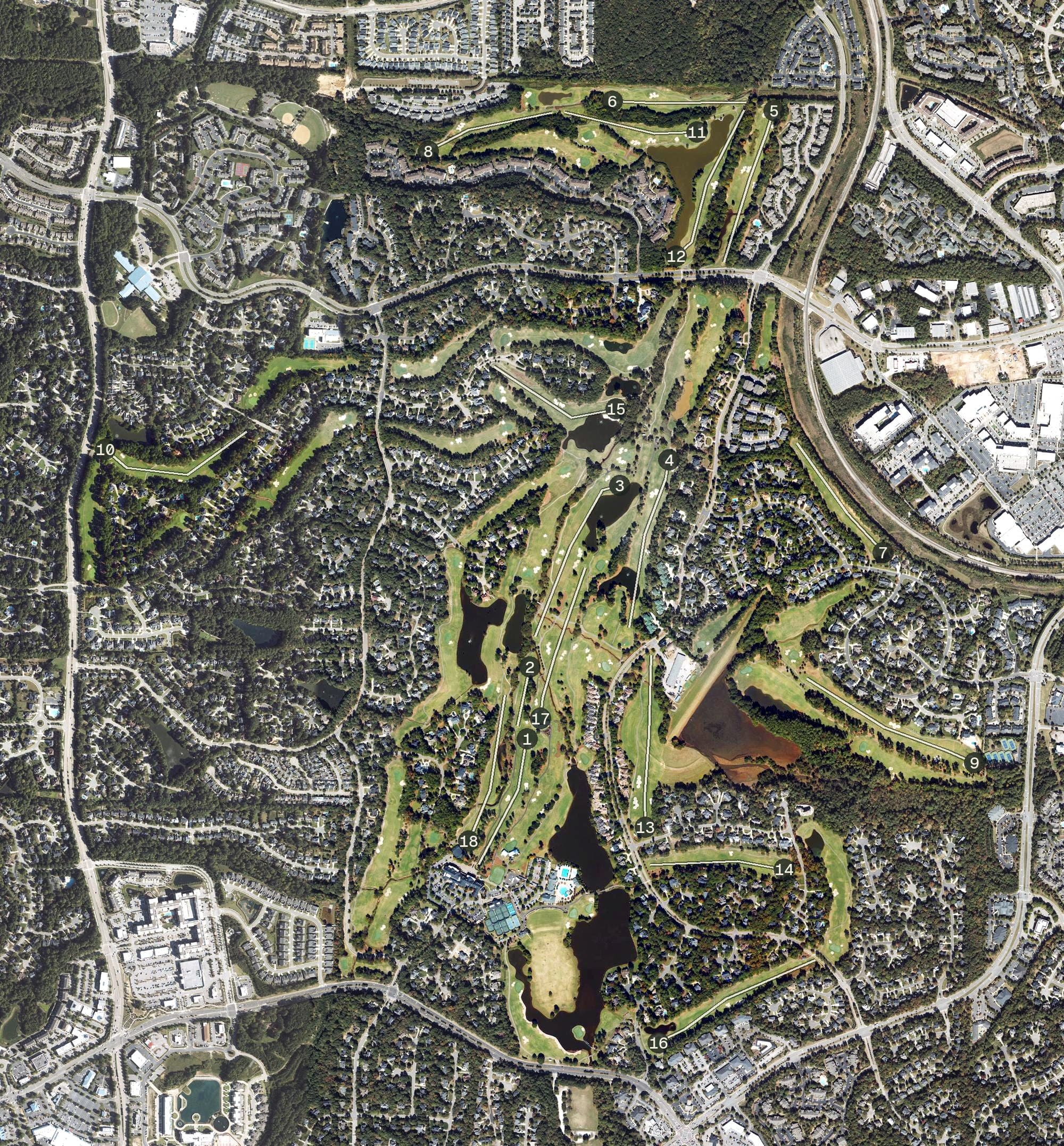 Aerial view of Prestonwood Country Club, NC, with its hole routing marked