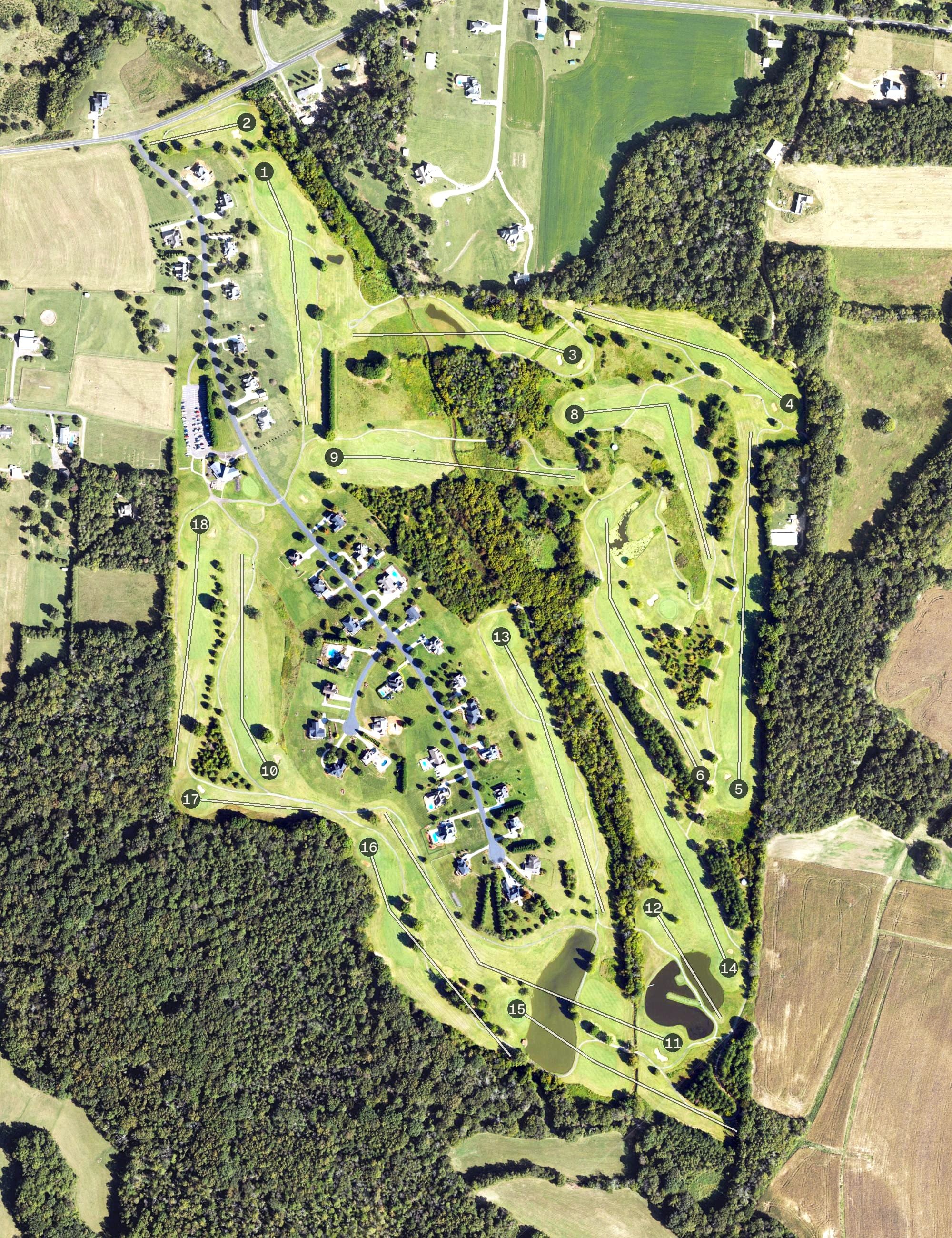 Aerial view of Pudding Ridge Golf Club, NC, with its hole routing marked
