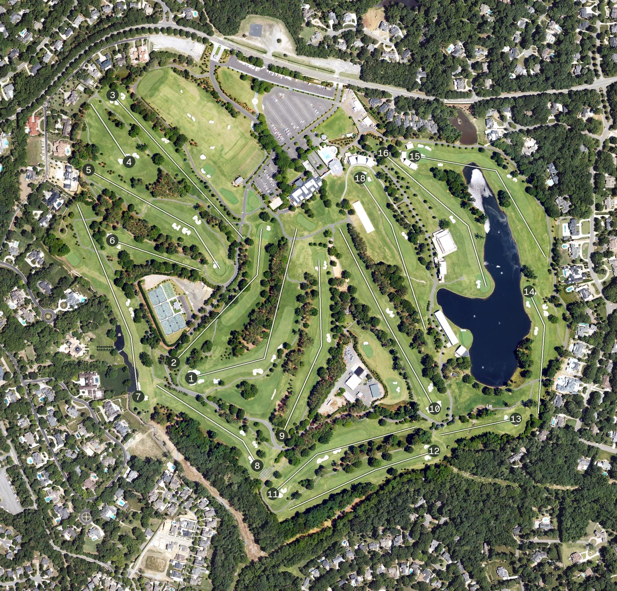 Aerial view of Quail Hollow Club, NC, with its hole routing marked