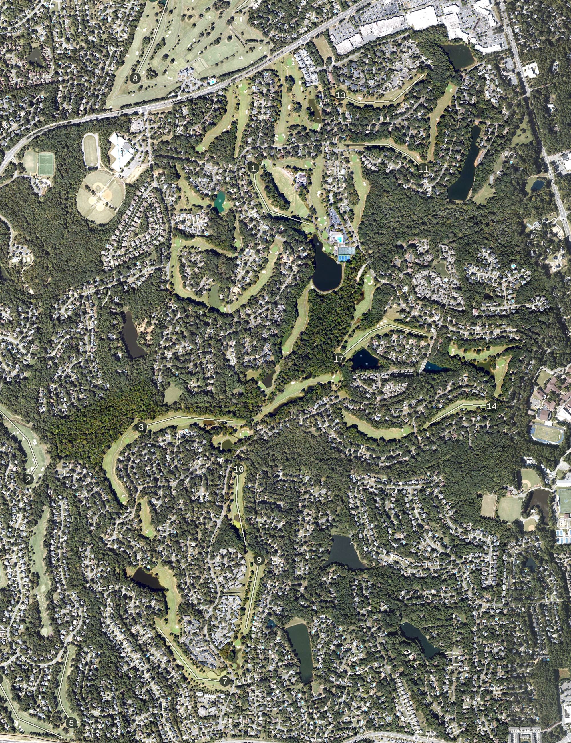 Aerial view of Raintree Country Club, NC, with its hole routing marked