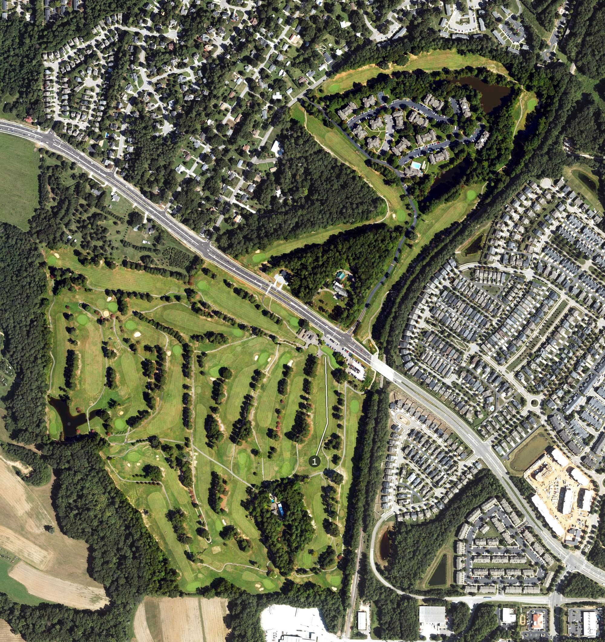 Aerial view of Raleigh Golf Association, NC, with its hole routing marked