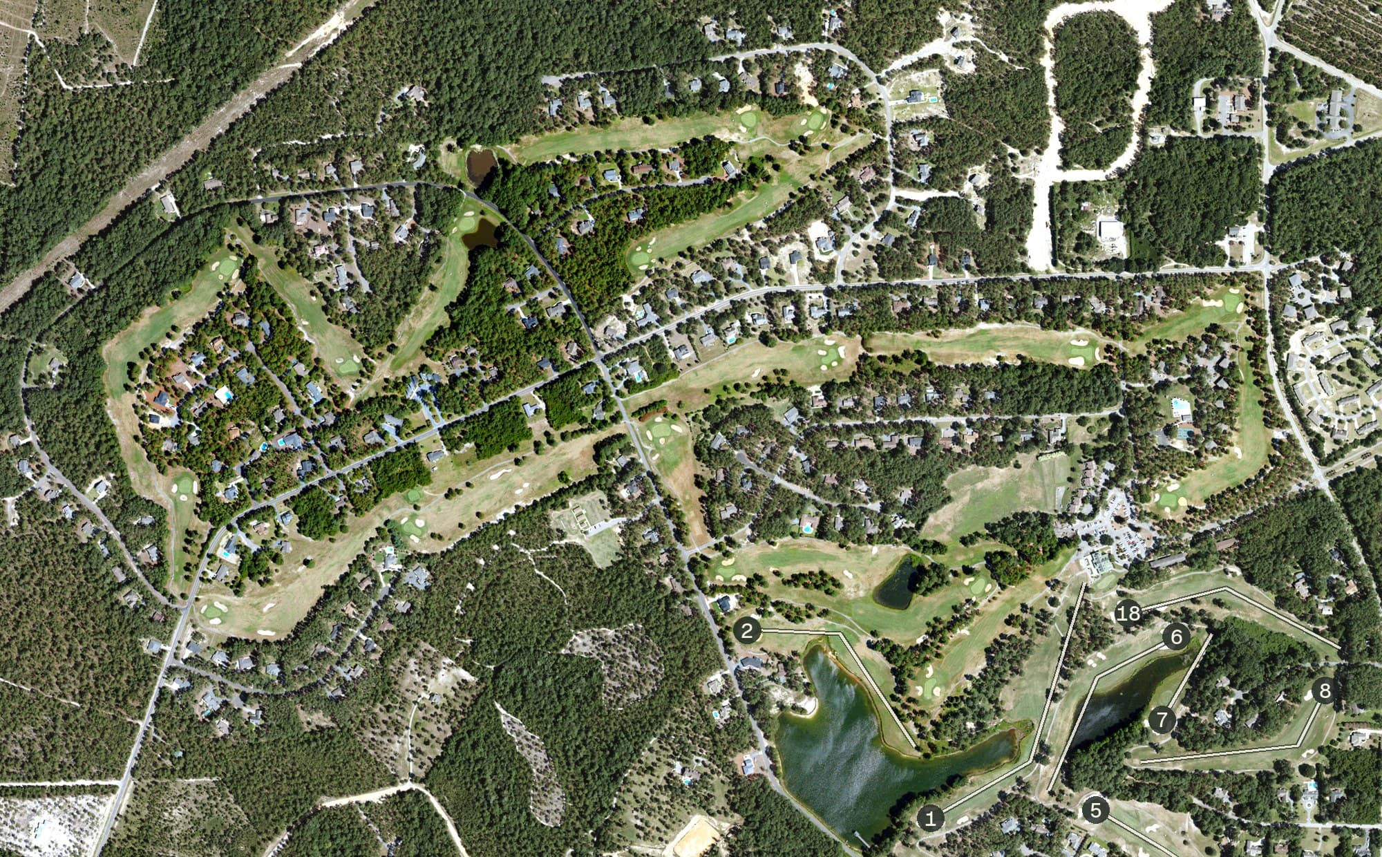 Aerial view of Red Fox, NC, with its hole routing marked