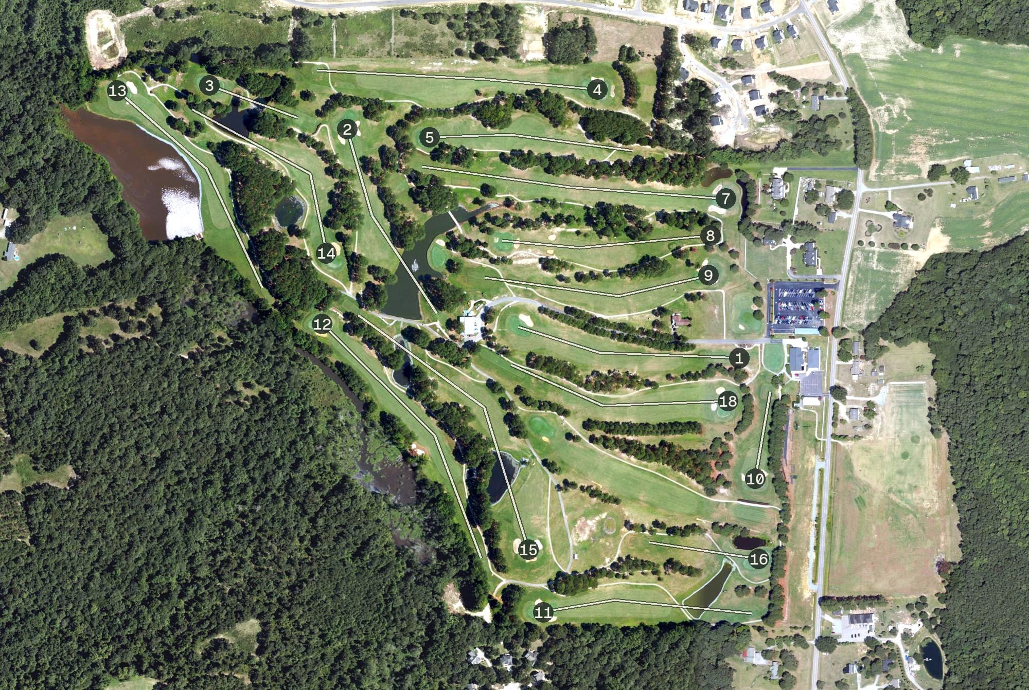 Aerial view of Reedy Creek Golf Course, NC, with its hole routing marked