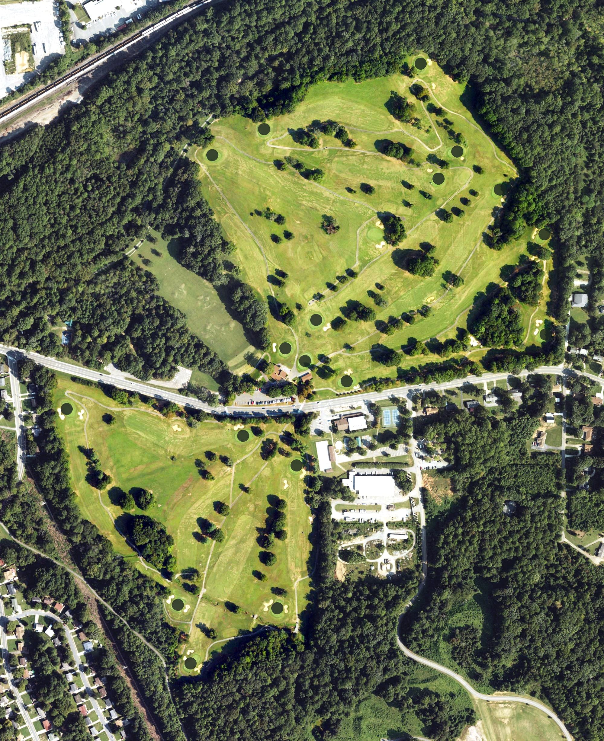 Aerial view of Reynolds Park Golf Course, NC, with its hole routing marked