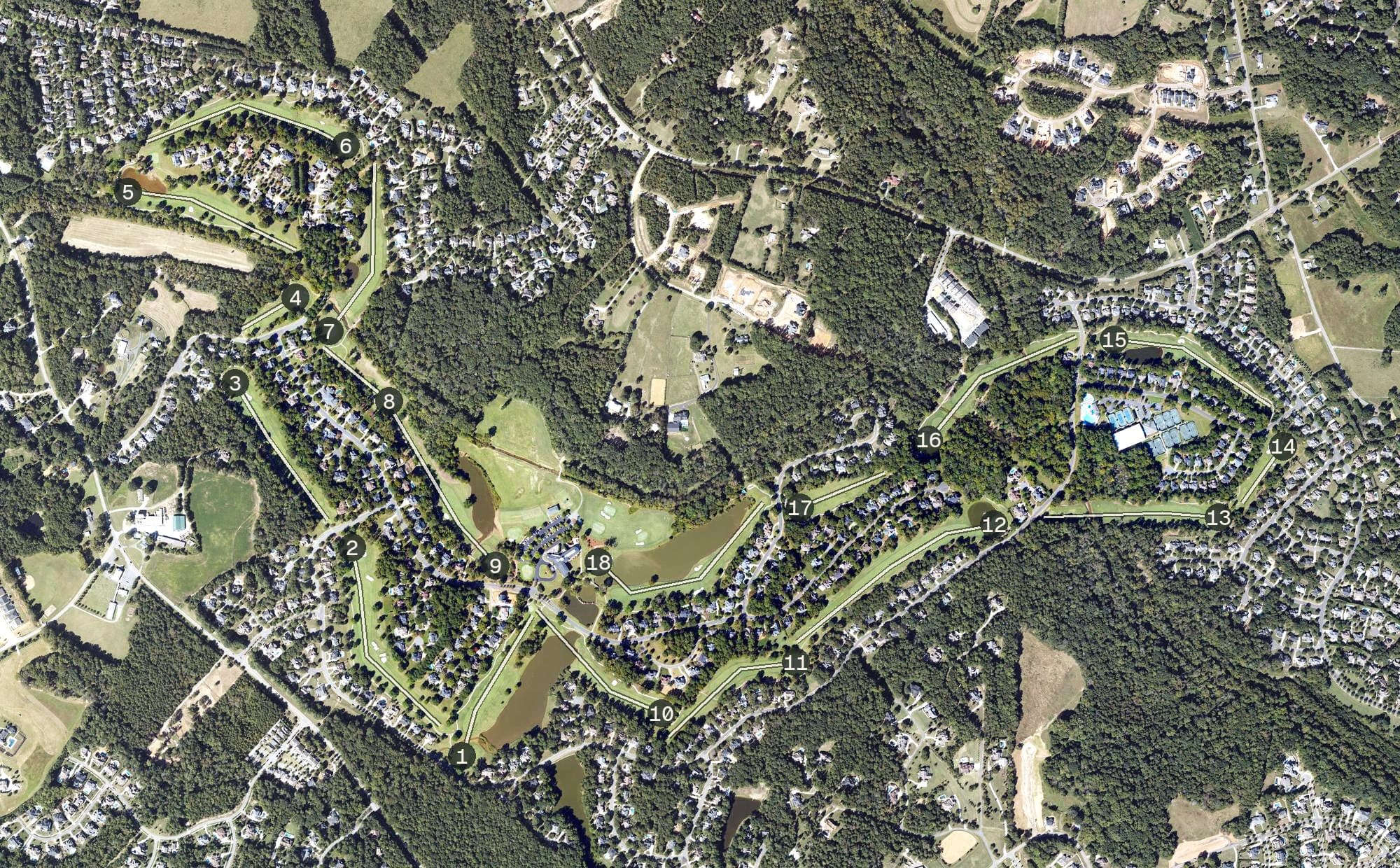 Aerial view of River Run Country Club, NC, with its hole routing marked