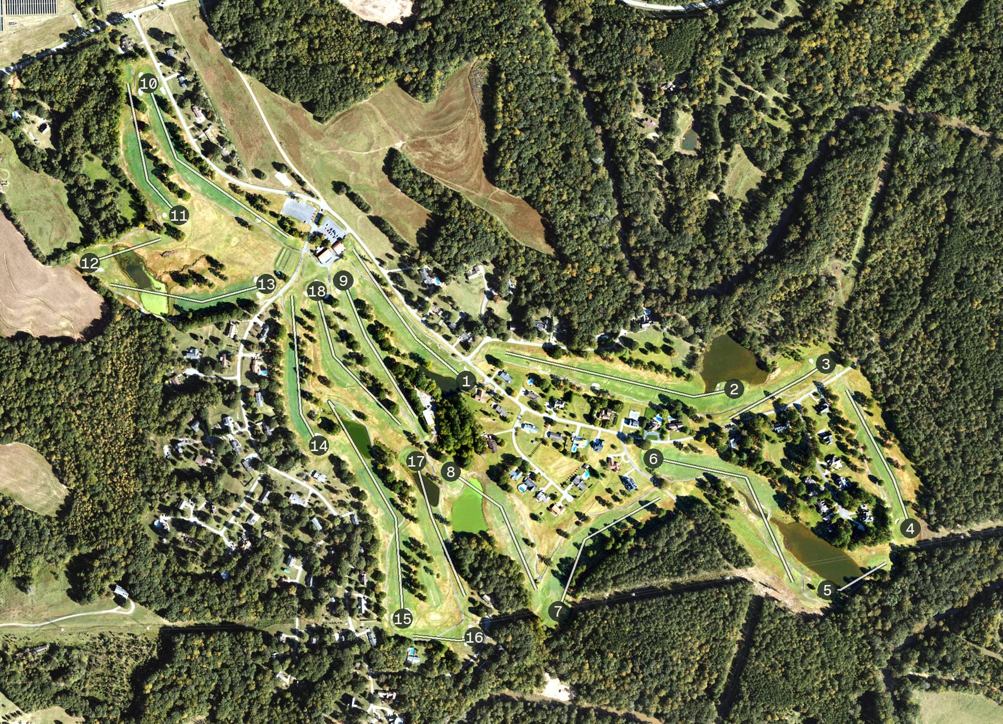 Aerial view of Riverbend YMCA Golf Club, NC, with its hole routing marked