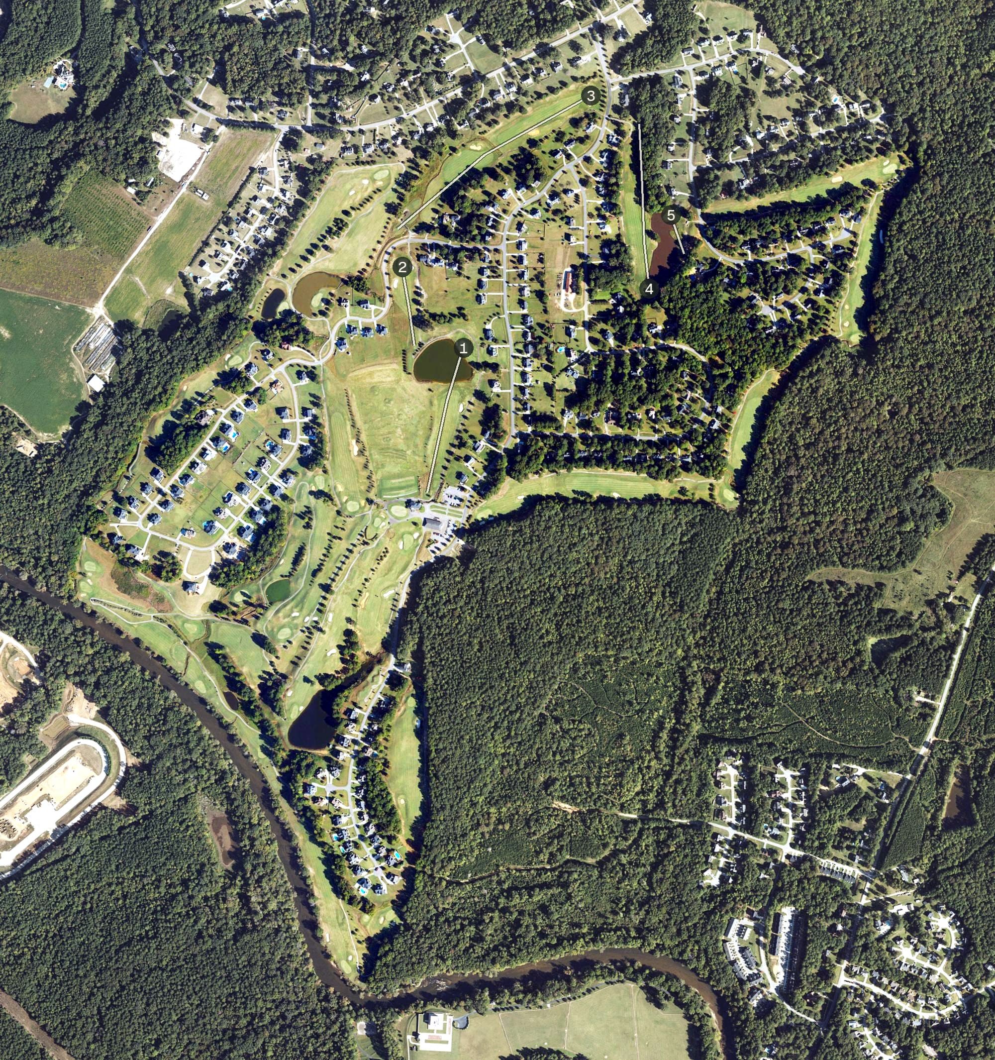 Aerial view of Riverwood Golf Club, NC, with its hole routing marked