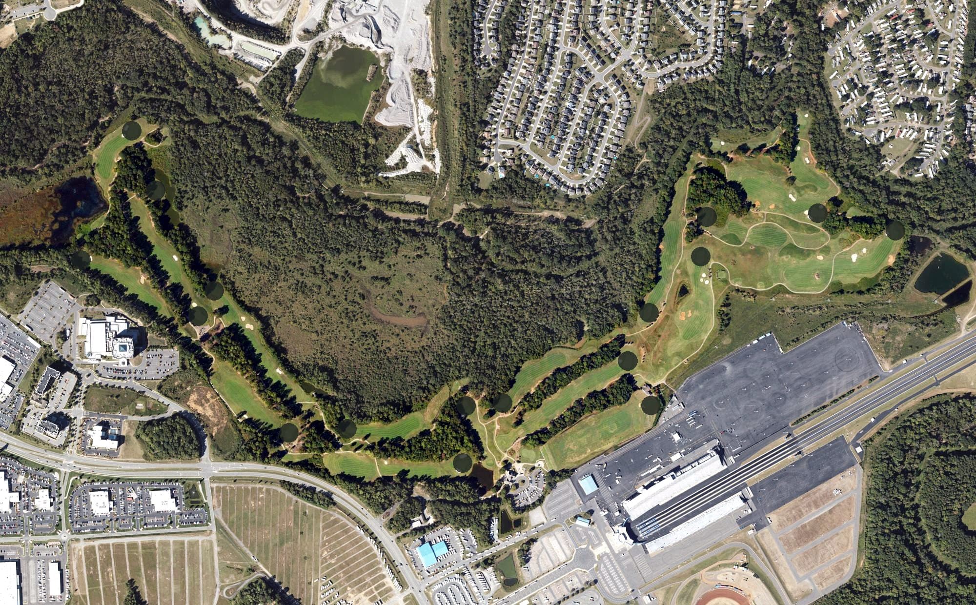Aerial view of Rocky River Golf Club, NC, with its hole routing marked