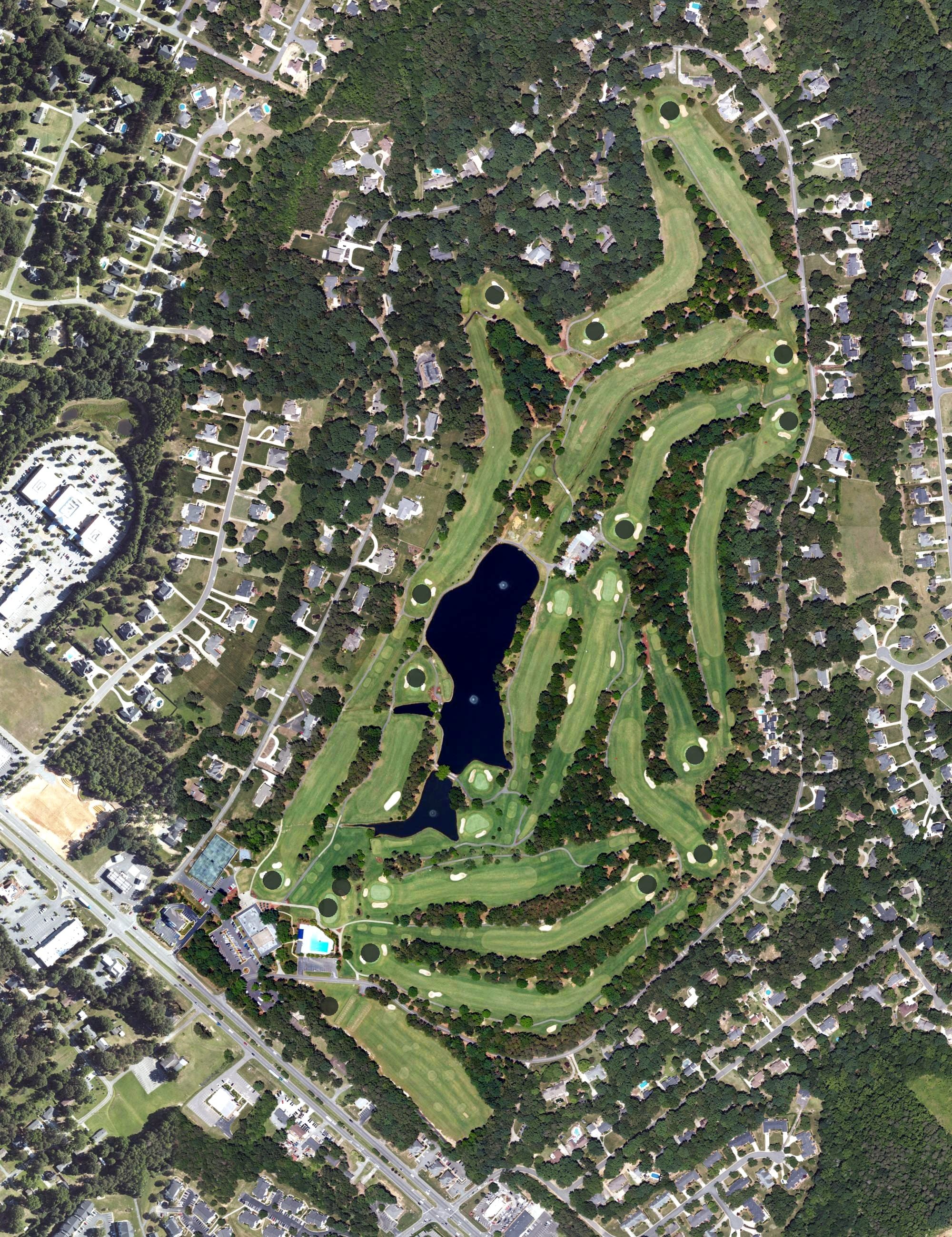 Aerial view of Rolling Hills Country Club, NC, with its hole routing marked
