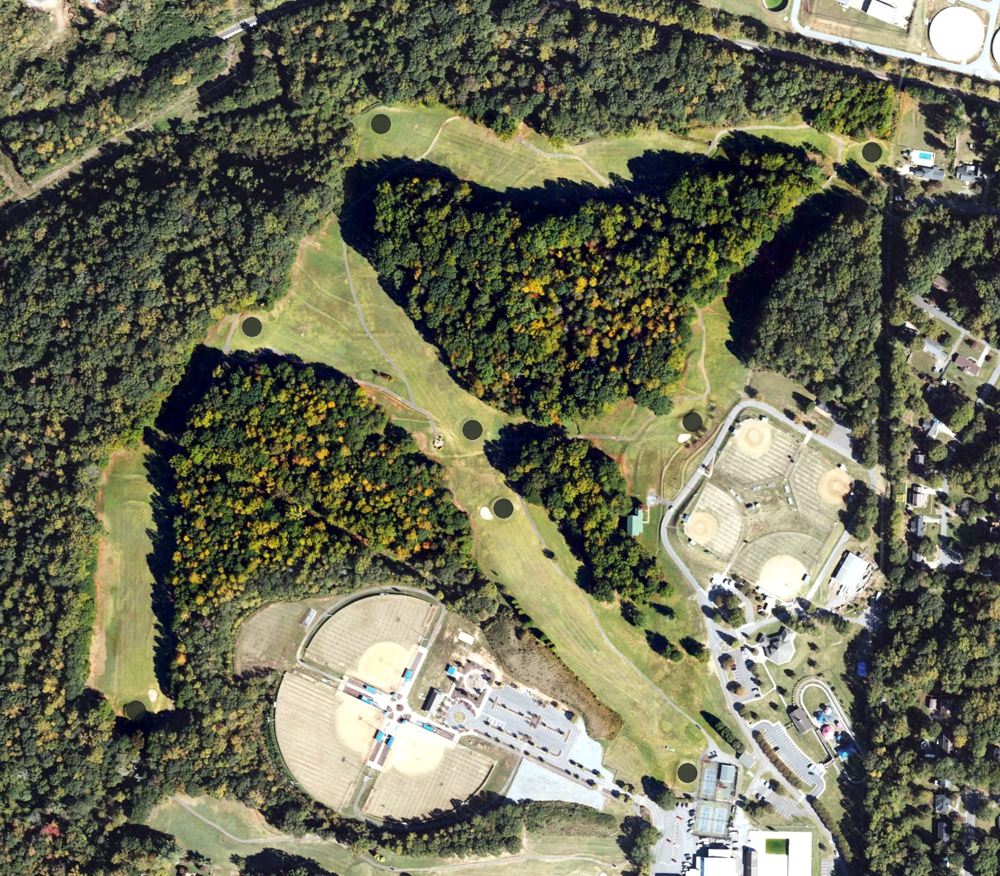 Aerial view of Royster Memorial Golf Course, NC, with its hole routing marked