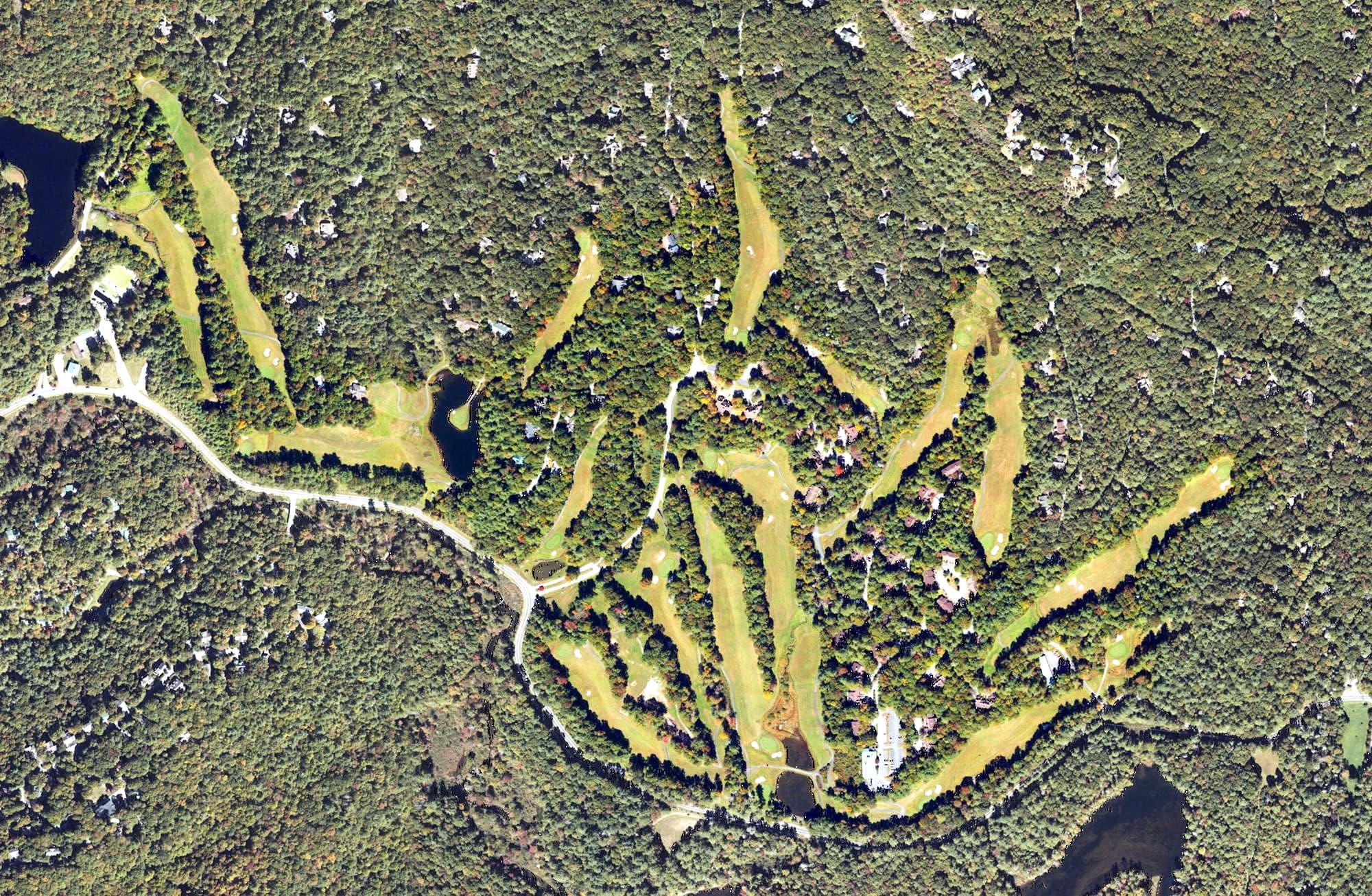 Aerial view of Sapphire National Golf Club, NC, with its hole routing marked