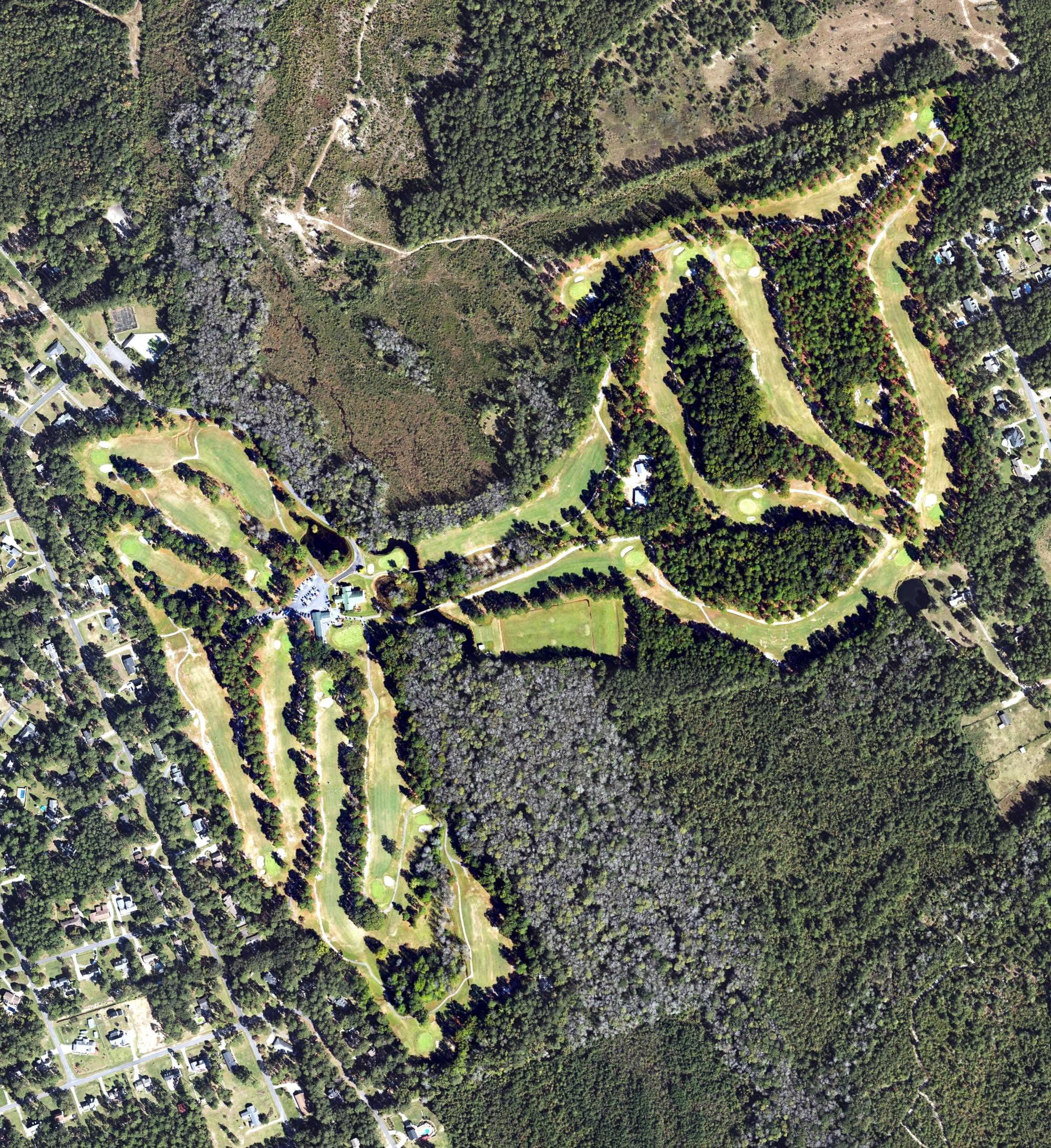 Aerial view of Scotch Meadows Country Club, NC, with its hole routing marked
