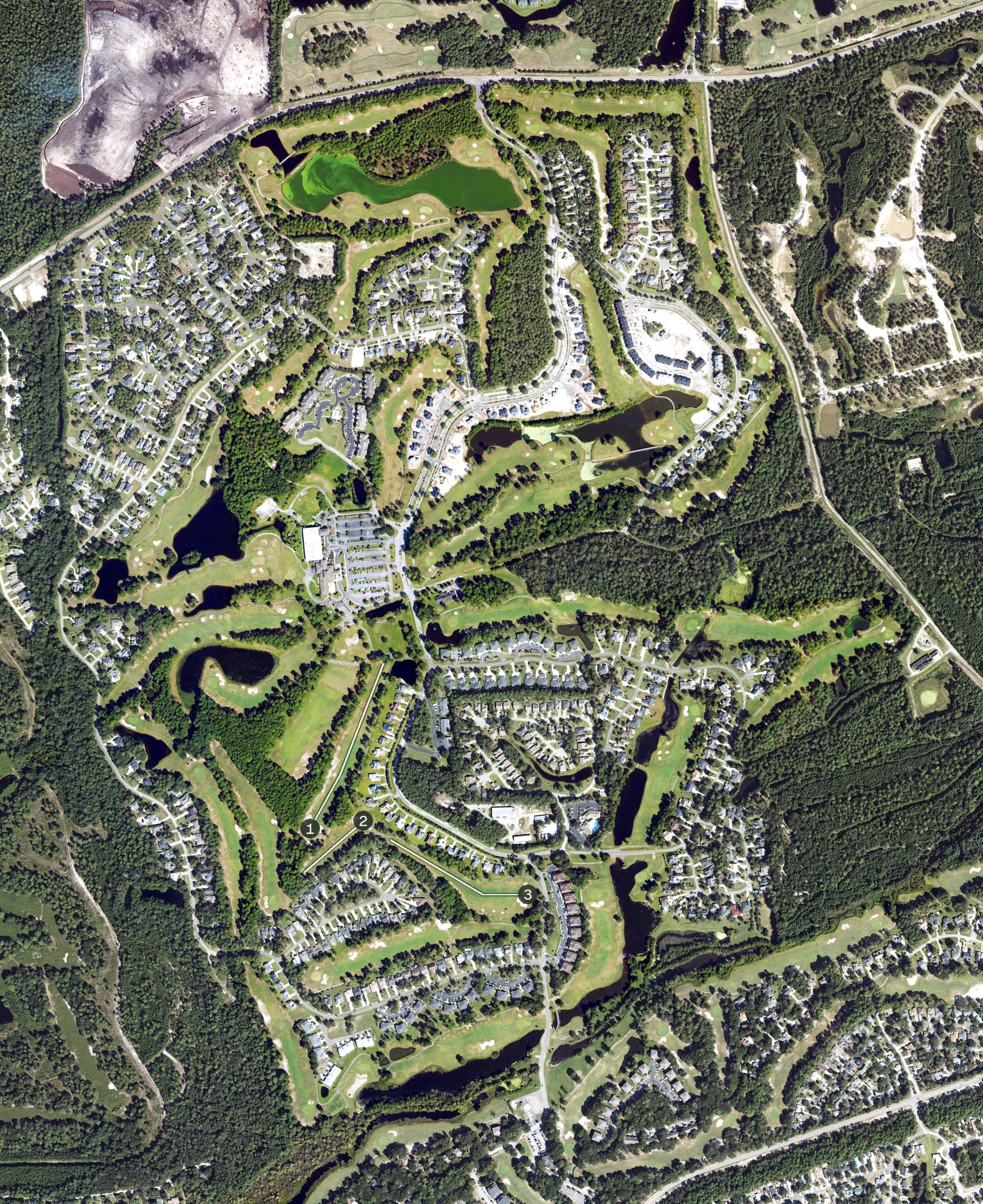 Aerial view of Sea Trail Golf Links, NC, with its hole routing marked
