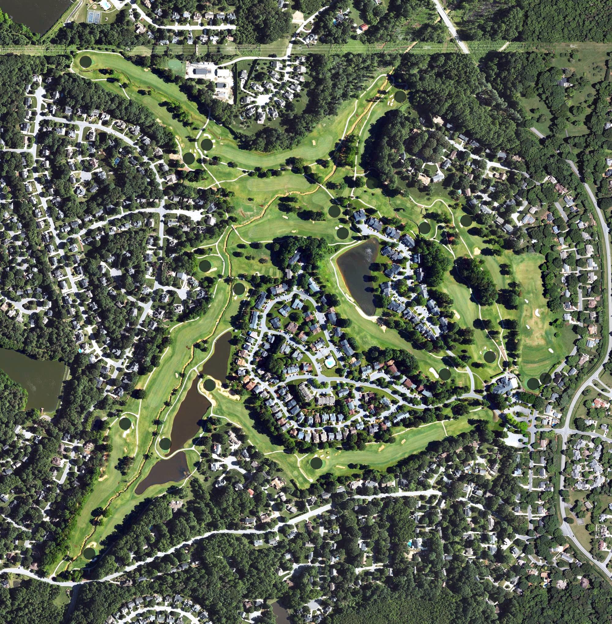 Aerial view of Sedgefield Country Club, Dye Course, NC, with its hole routing marked