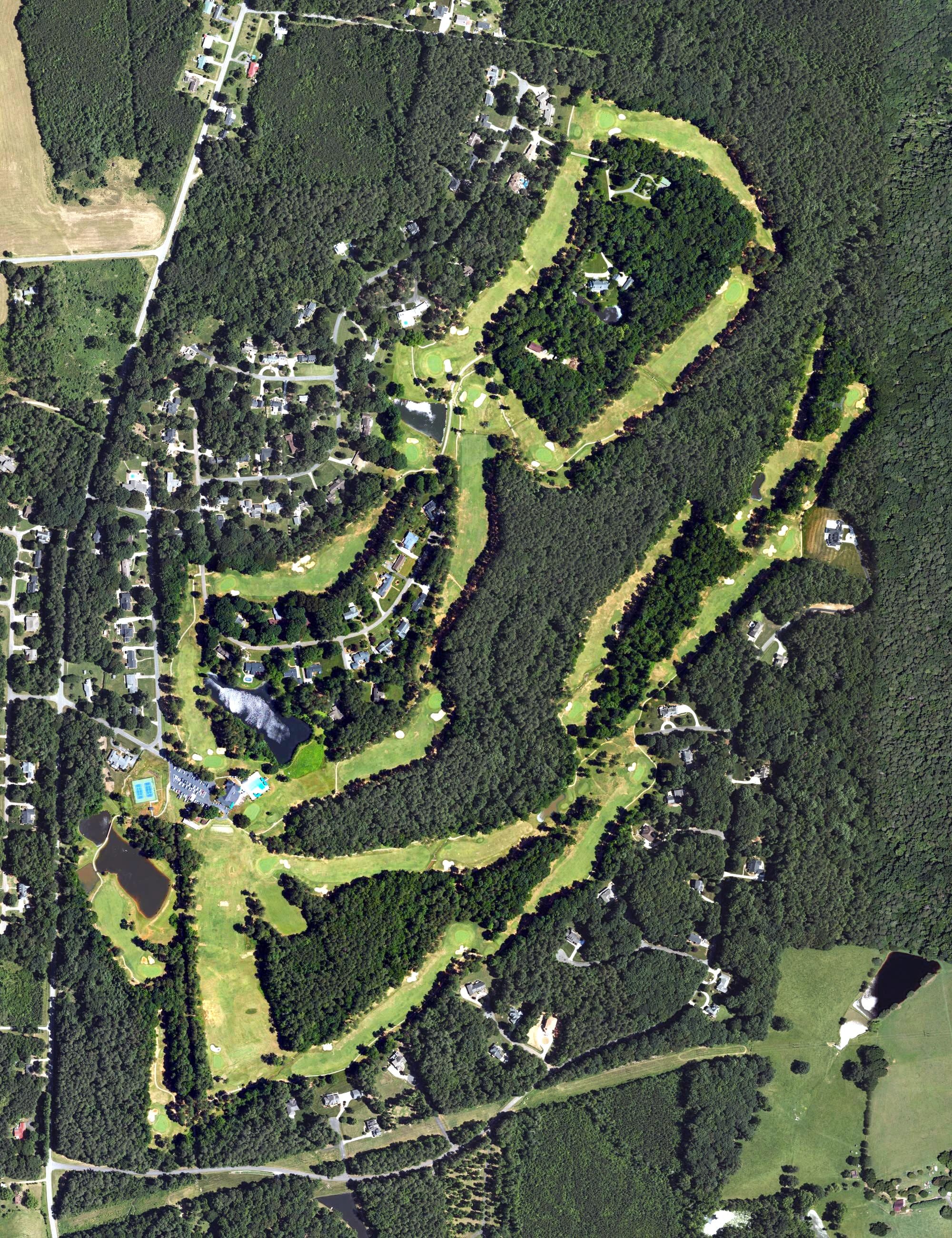 Aerial view of Siler City Country Club, NC, with its hole routing marked