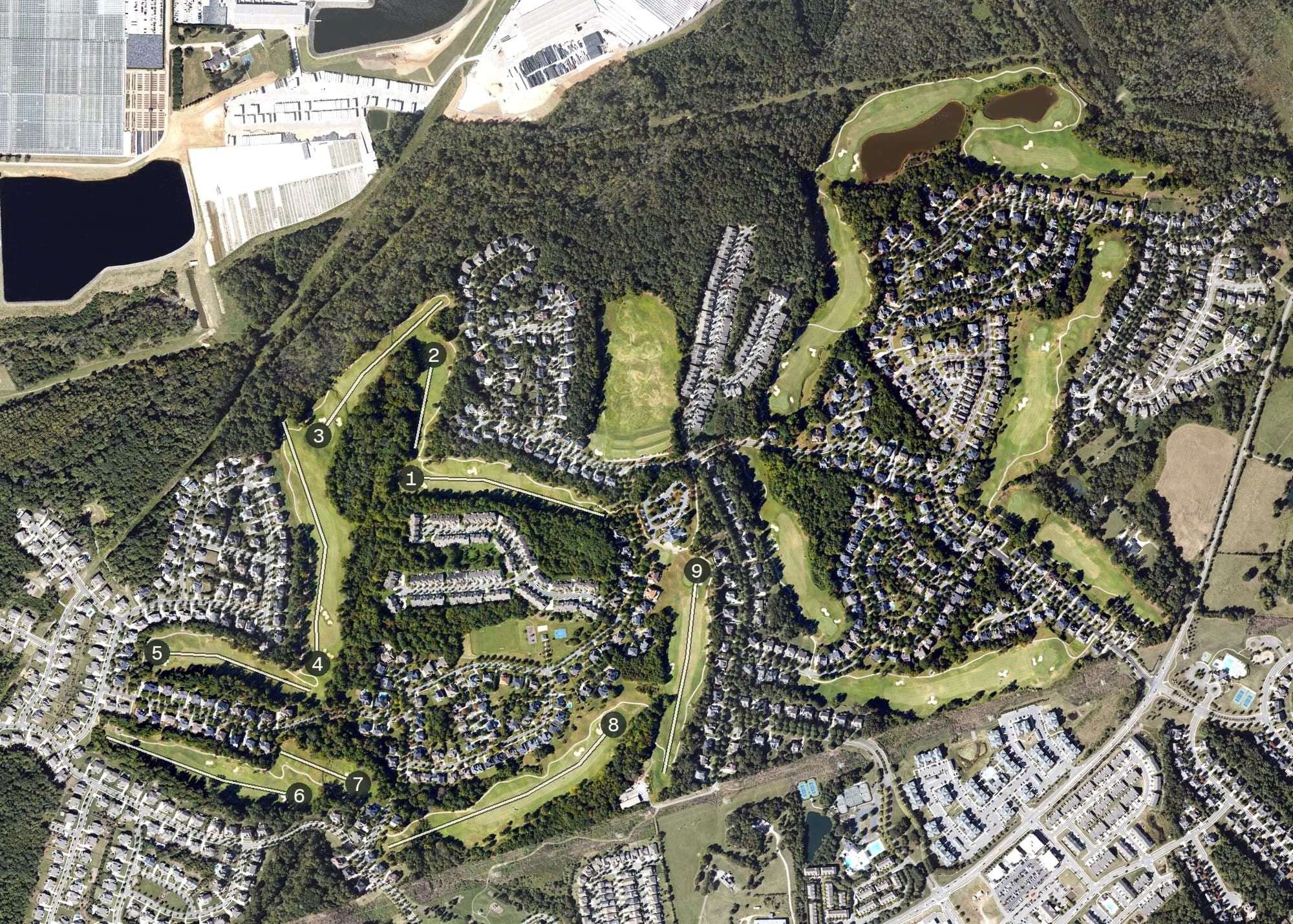 Aerial view of Skybrook Golf Course, NC, with its hole routing marked