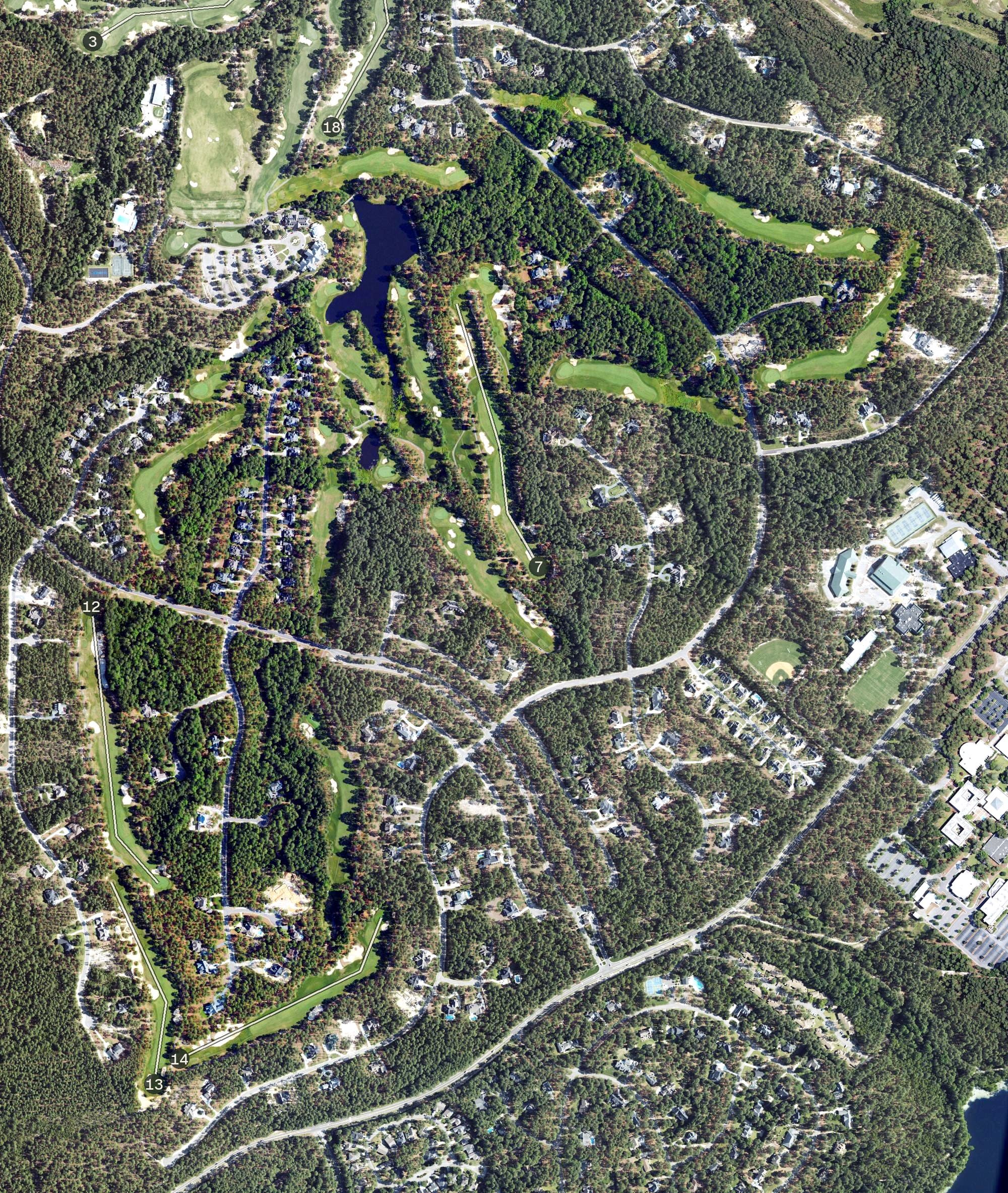Aerial view of South Course, NC, with its hole routing marked