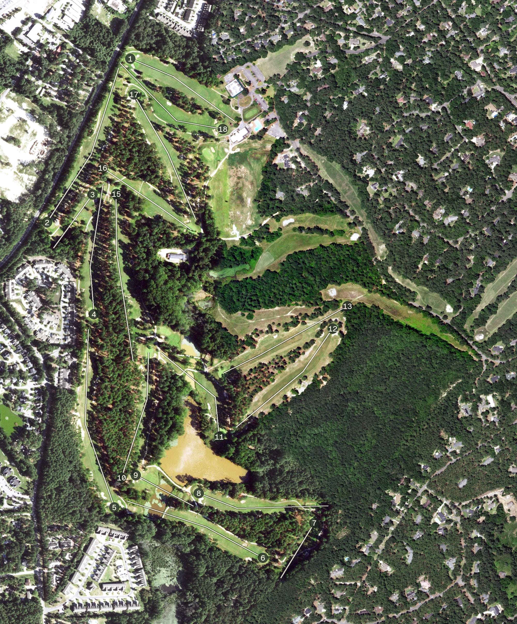 Aerial view of Southern Pines Golf Club, NC, with its hole routing marked