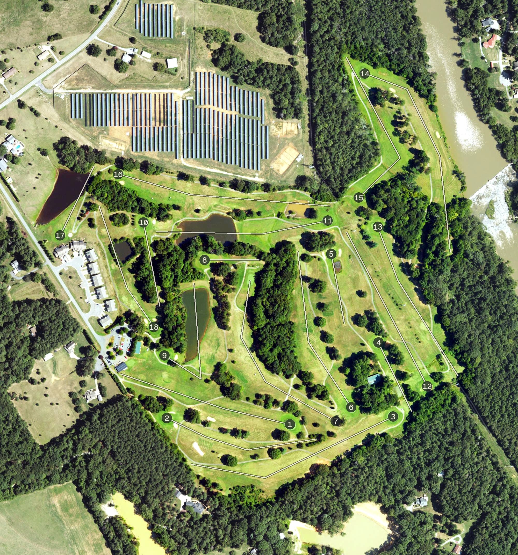 Aerial view of Southwick Golf Course, NC, with its hole routing marked