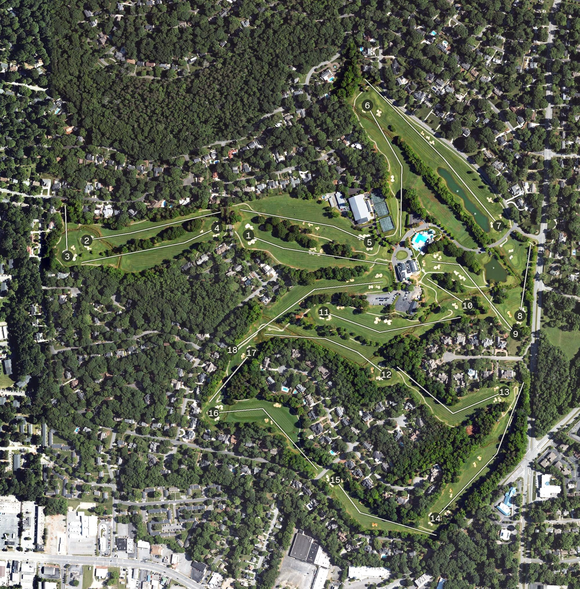Aerial view of Starmount Forest Country Club, NC, with its hole routing marked