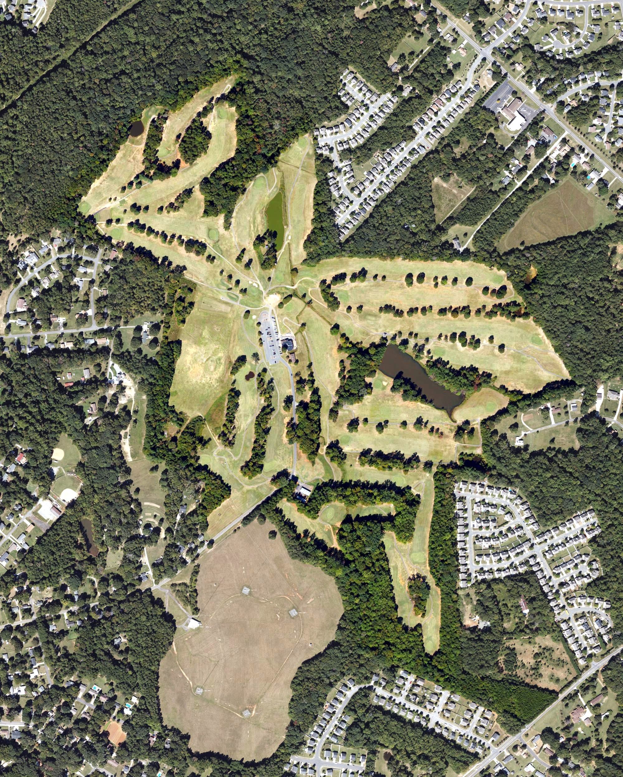 Aerial view of Sunset Hills, NC, with its hole routing marked
