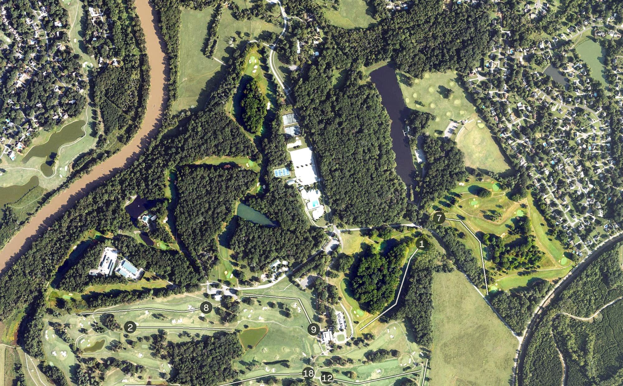 Aerial view of Tanglewood Reynolds Course, NC, with its hole routing marked