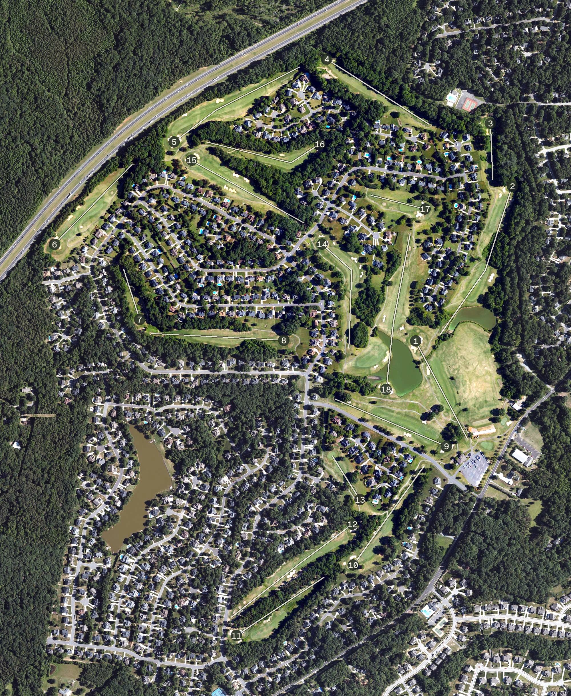 Aerial view of The Divide Golf Club, NC, with its hole routing marked