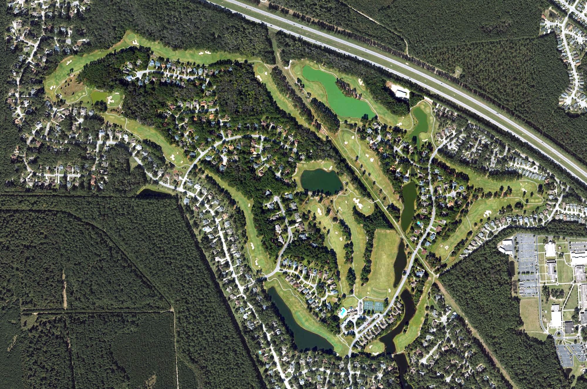 Aerial view of The Emerald Golf Club, NC, with its hole routing marked