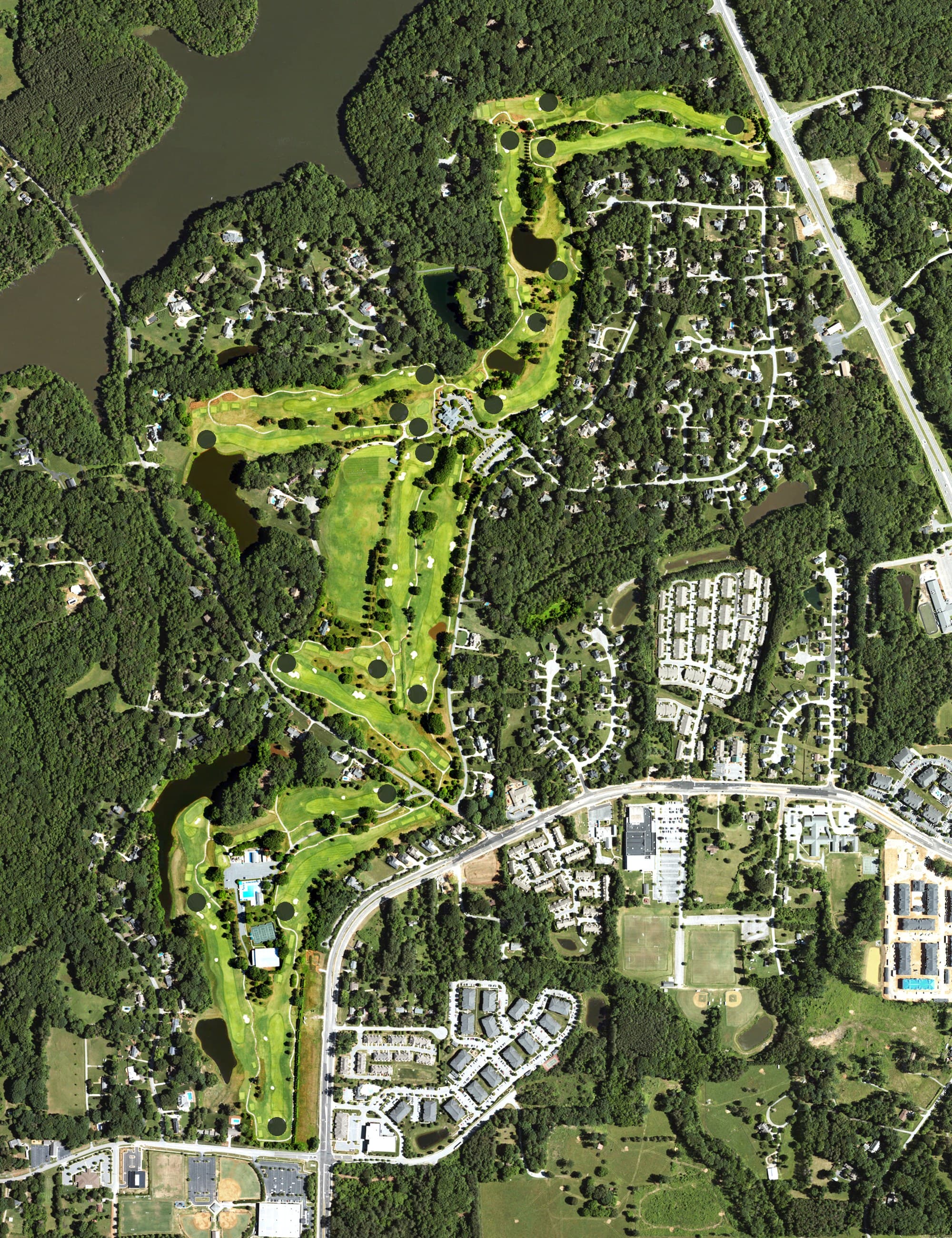 Aerial view of The Farm, NC, with its hole routing marked