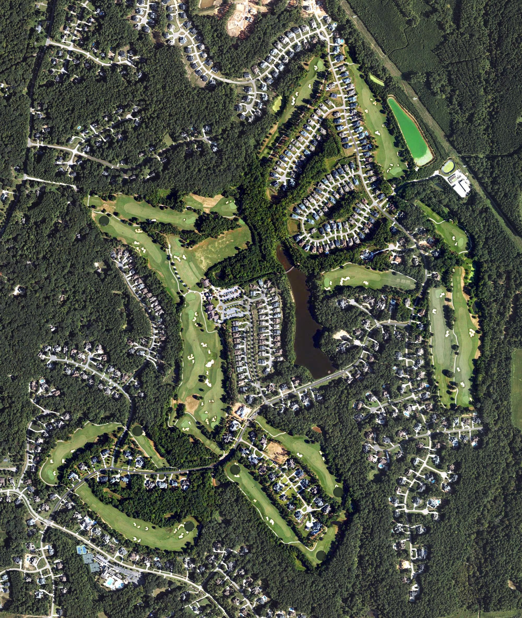 Aerial view of The Hasentree Club, NC, with its hole routing marked