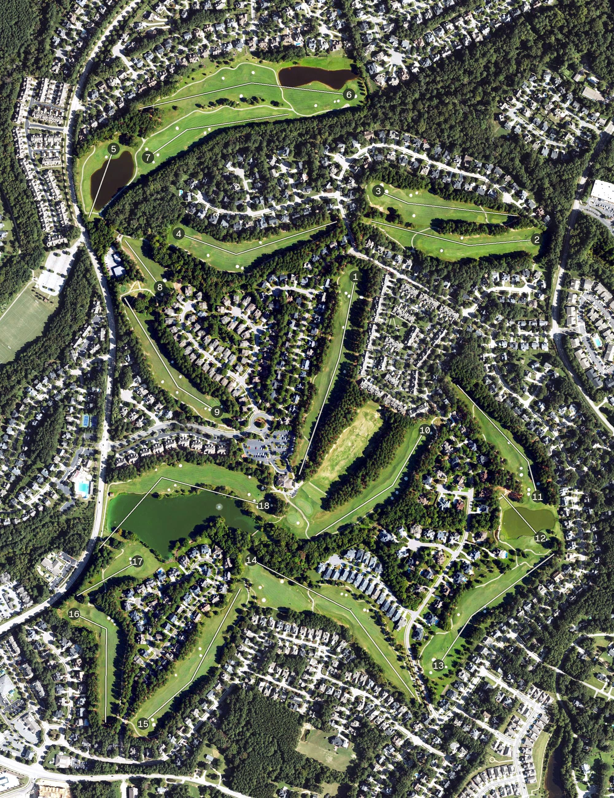 Aerial view of The Heritage Club, NC, with its hole routing marked