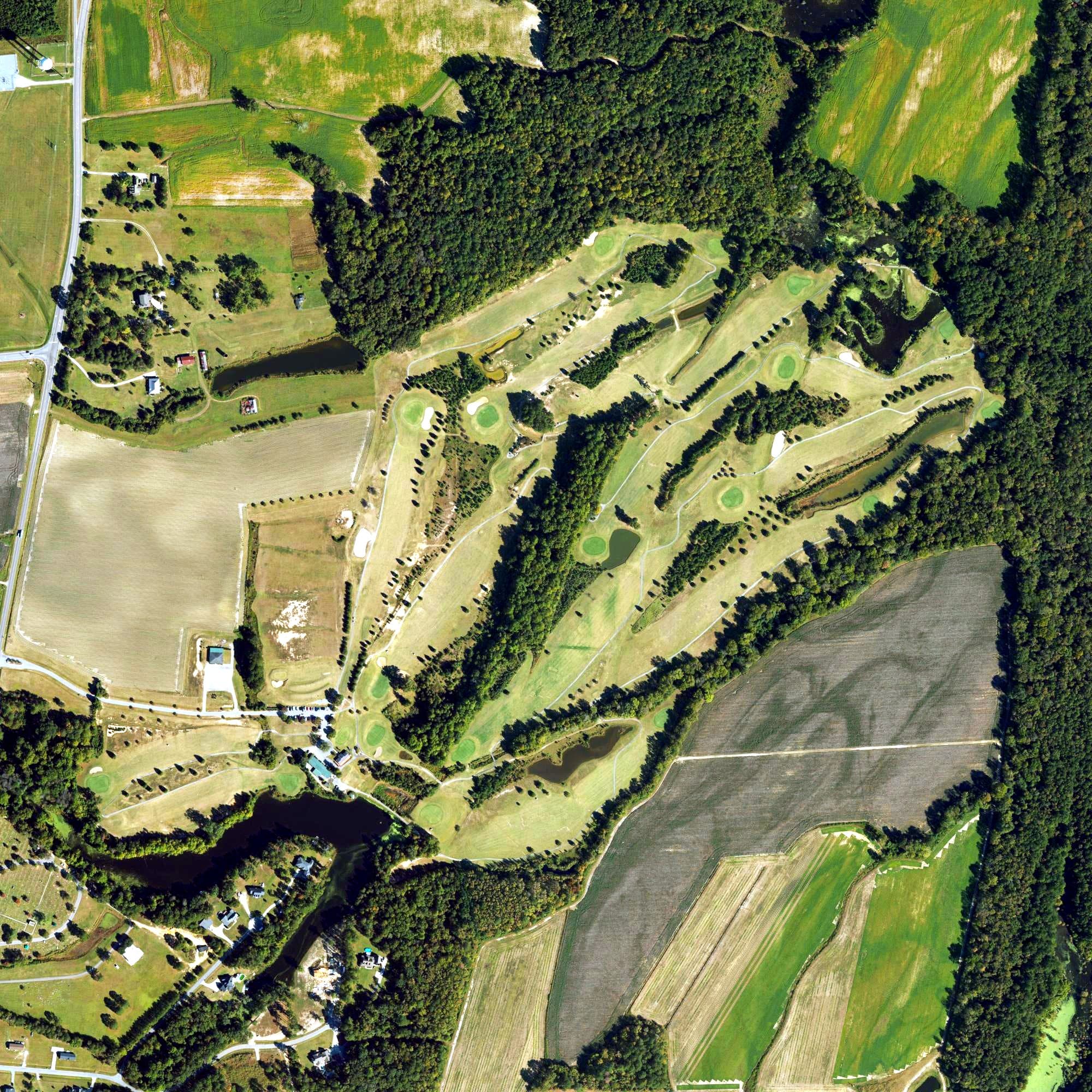 Aerial view of The Links at Cotton Valley, NC, with its hole routing marked