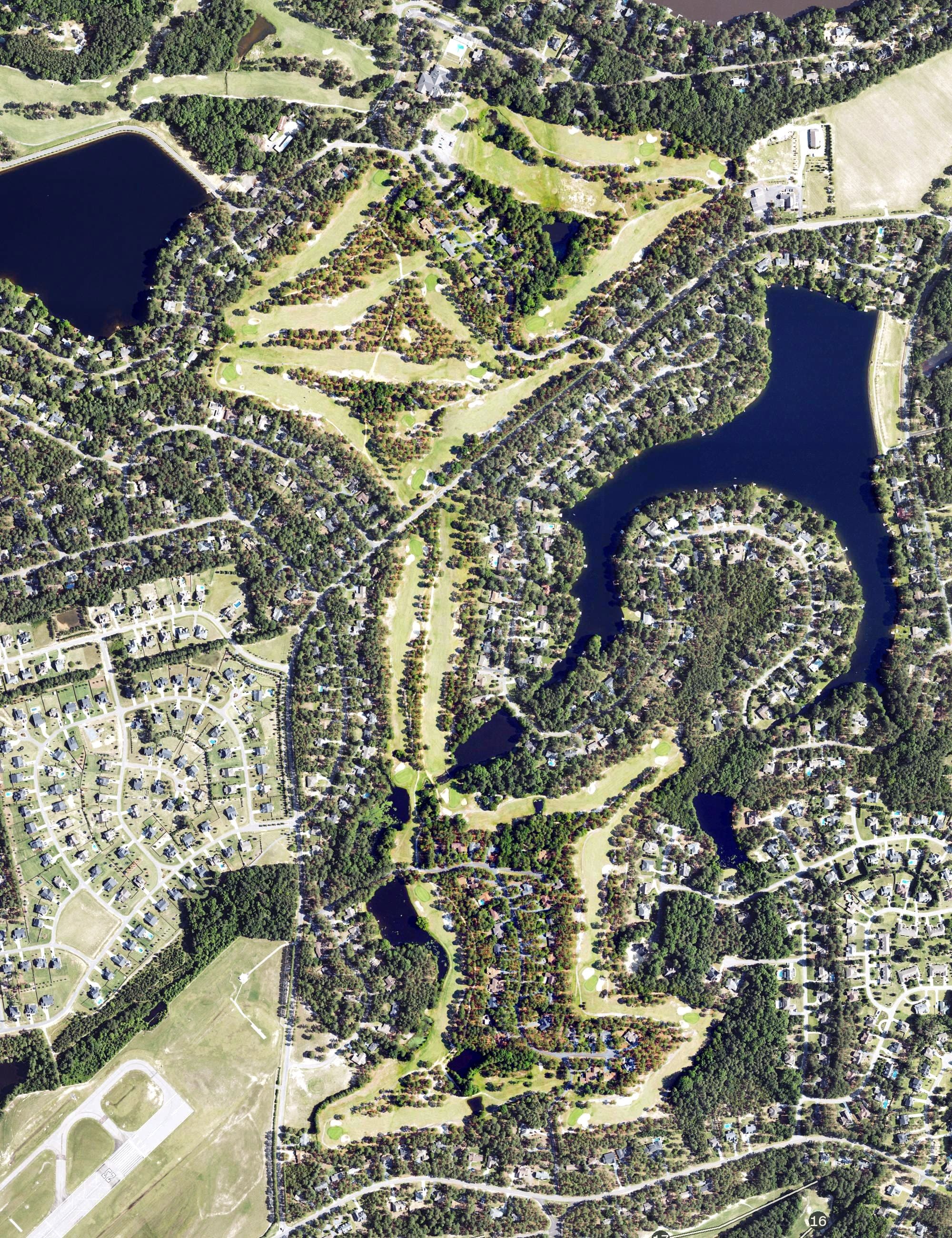 Aerial view of The Pines Course, NC, with its hole routing marked