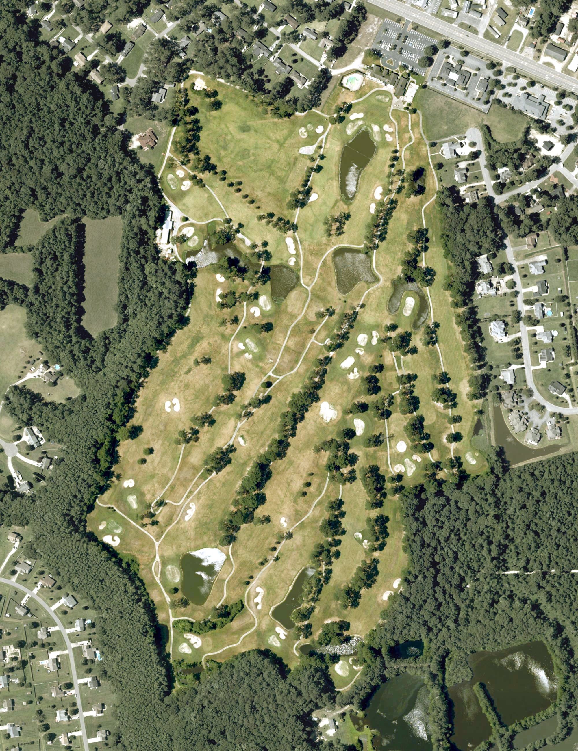 Aerial view of The Pines, NC, with its hole routing marked