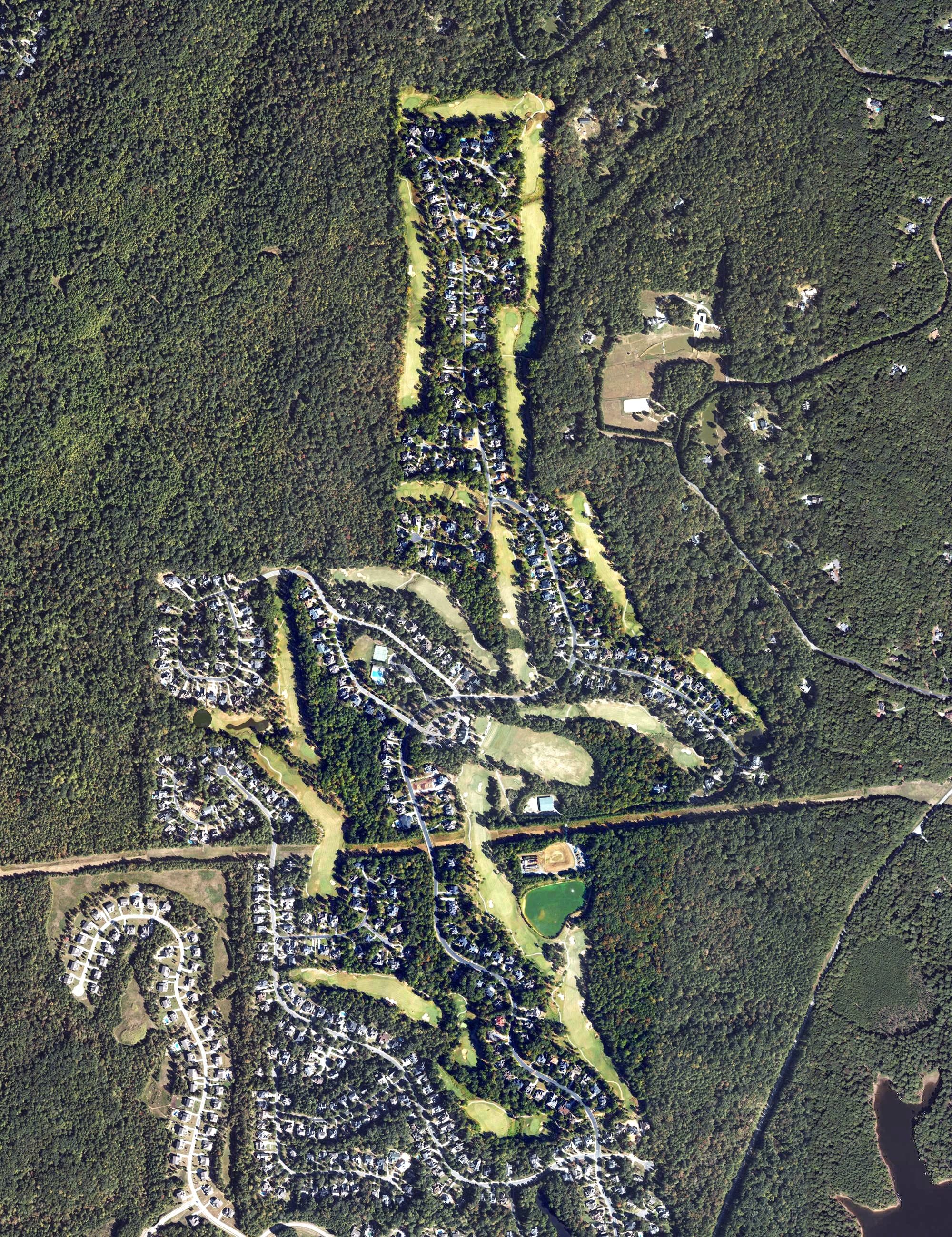 Aerial view of The Preserve at Jordan Lake Golf Club, NC, with its hole routing marked