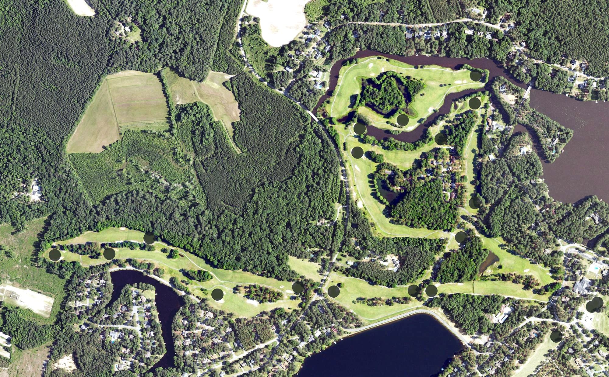 Aerial view of The River Course, NC, with its hole routing marked