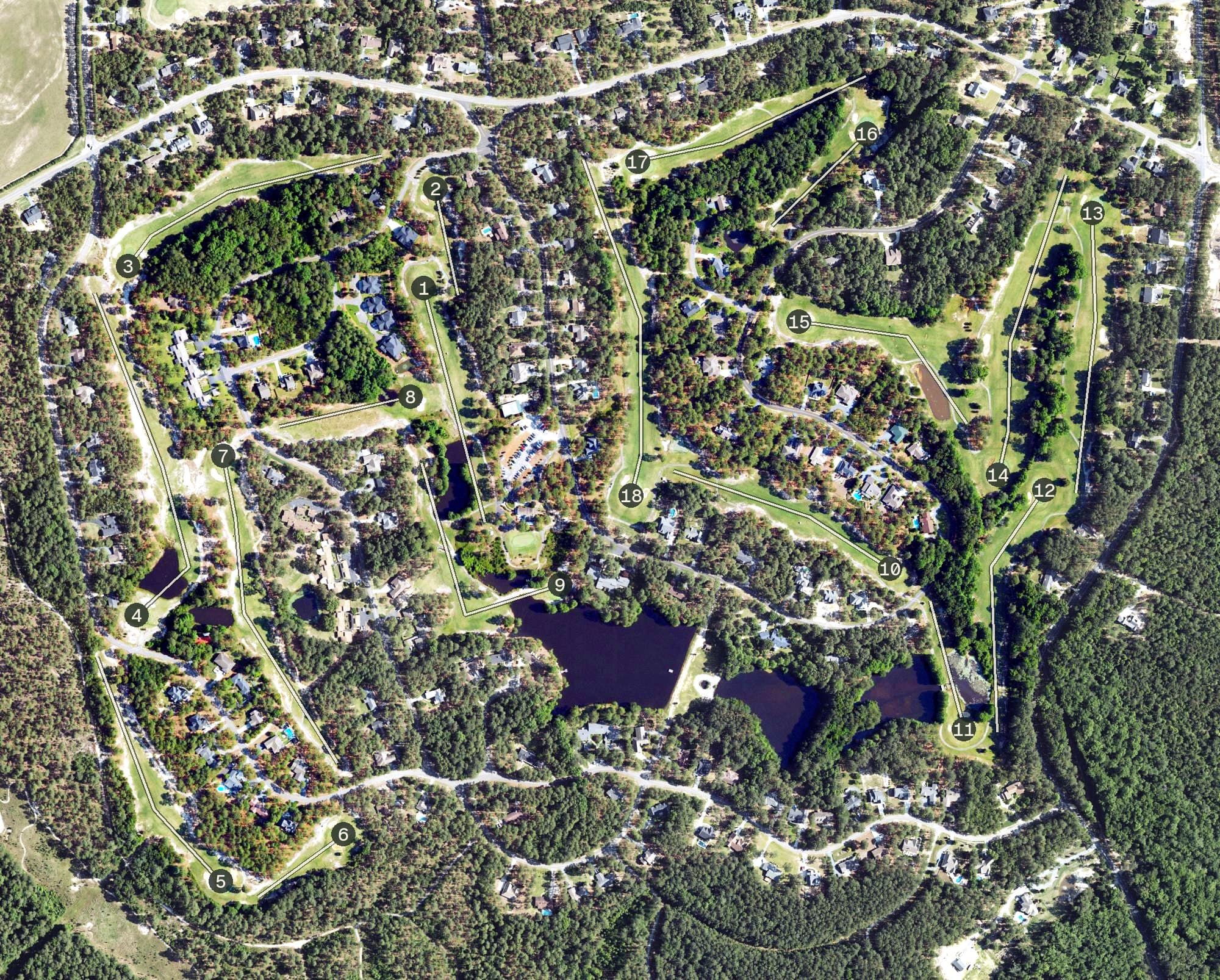 Aerial view of The Woods Golf Club, NC, with its hole routing marked