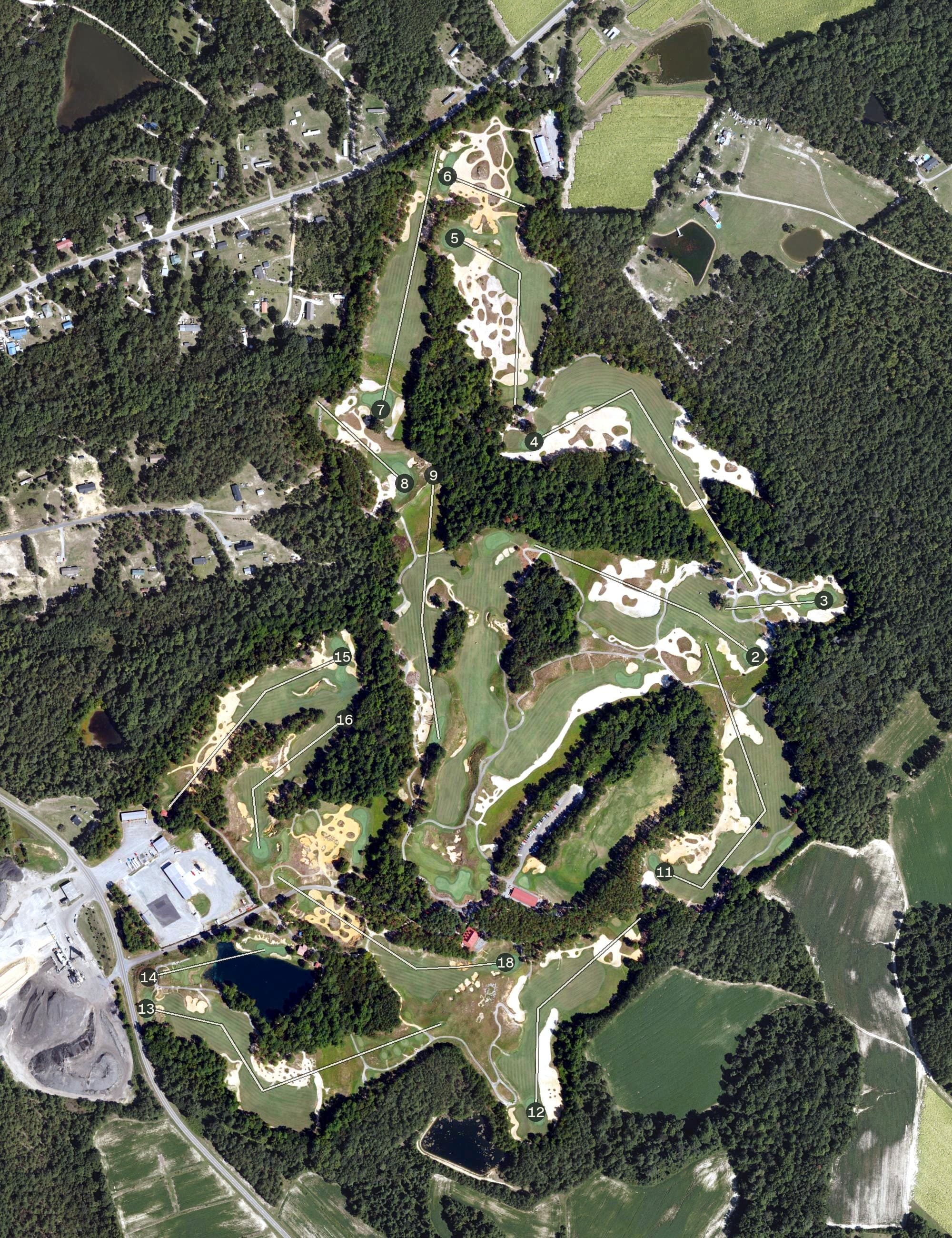 Aerial view of Tobacco Road Golf Club, NC, with its hole routing marked