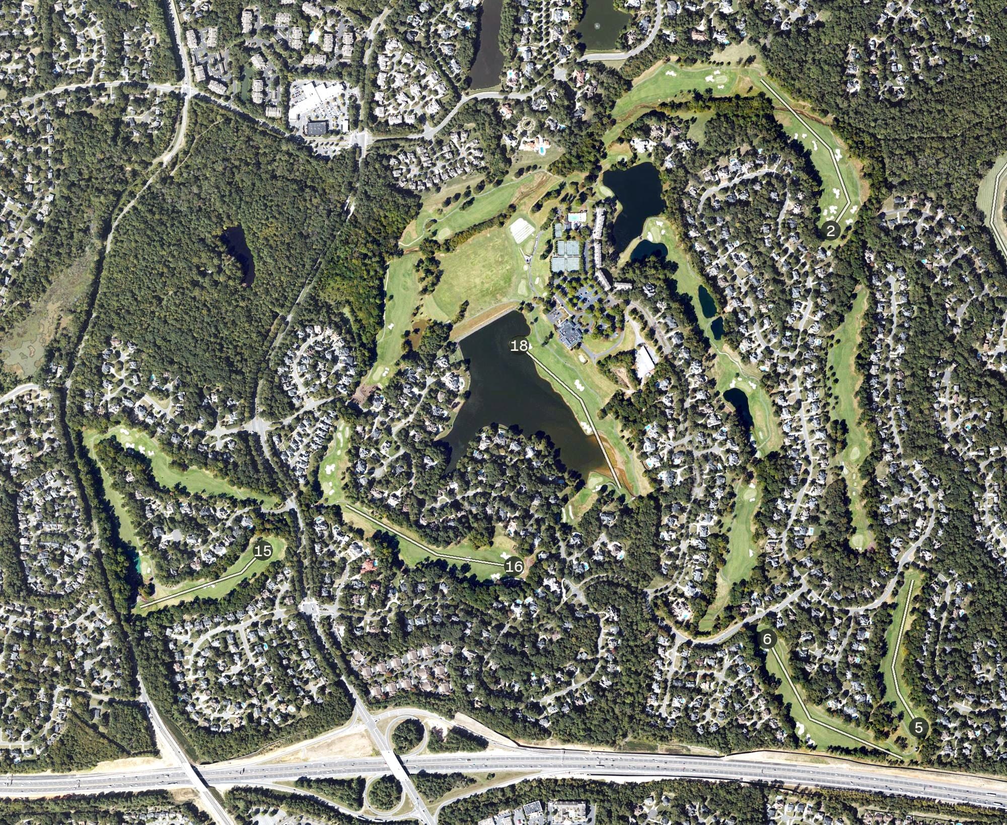Aerial view of TPC Piper Glen, NC, with its hole routing marked