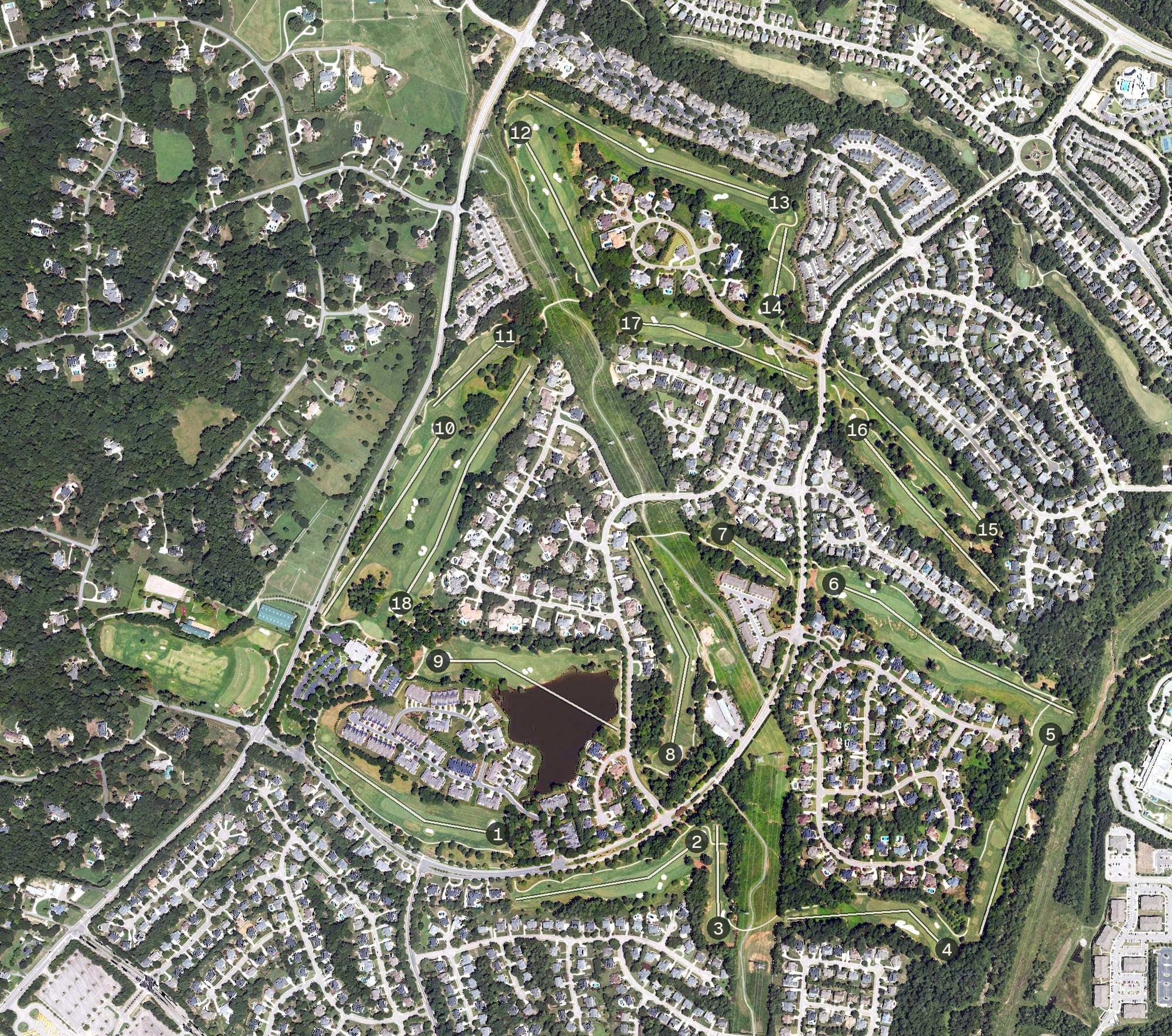 Aerial view of TPC Wakefield Plantation, NC, with its hole routing marked