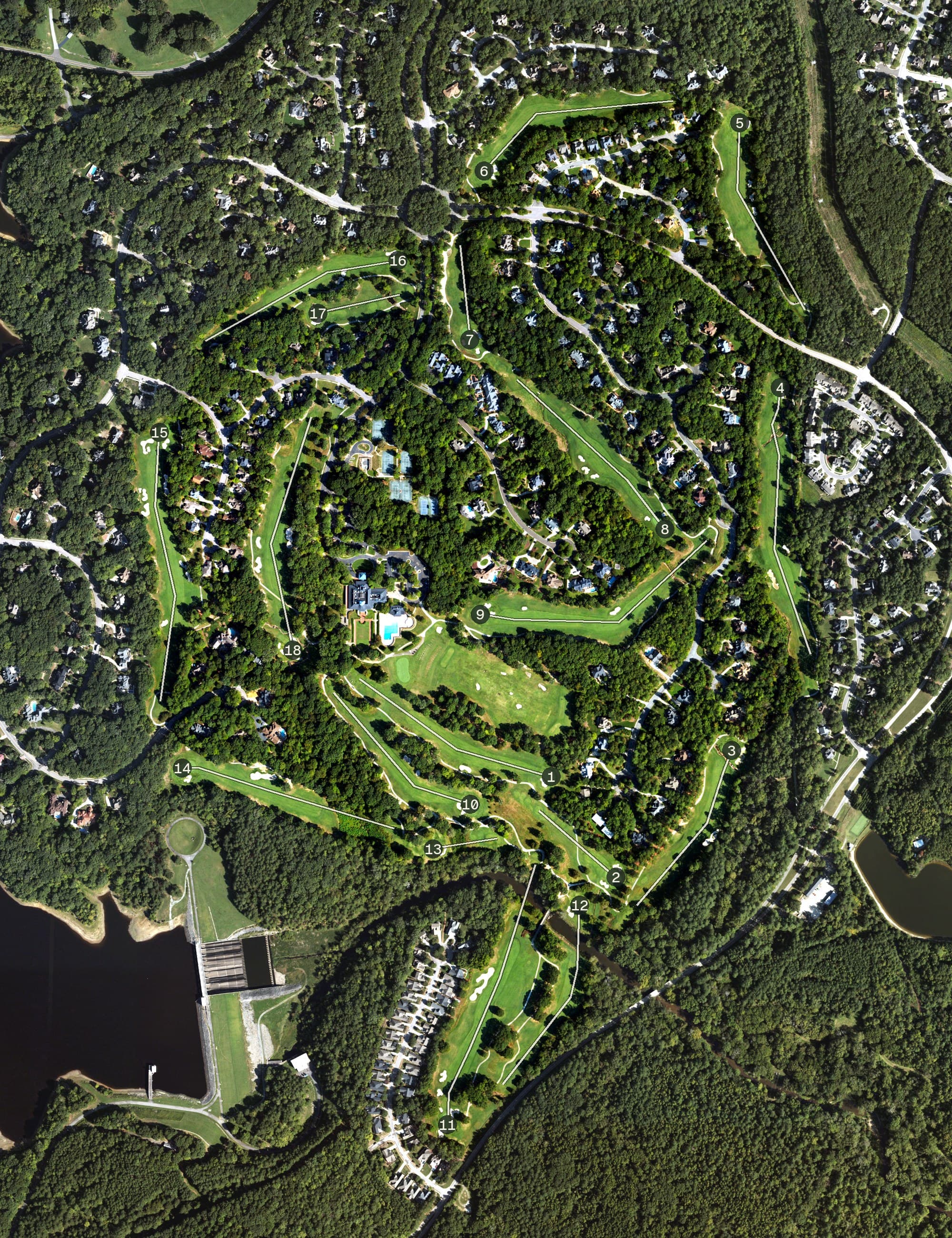 Aerial view of Treyburn Country Club, NC, with its hole routing marked