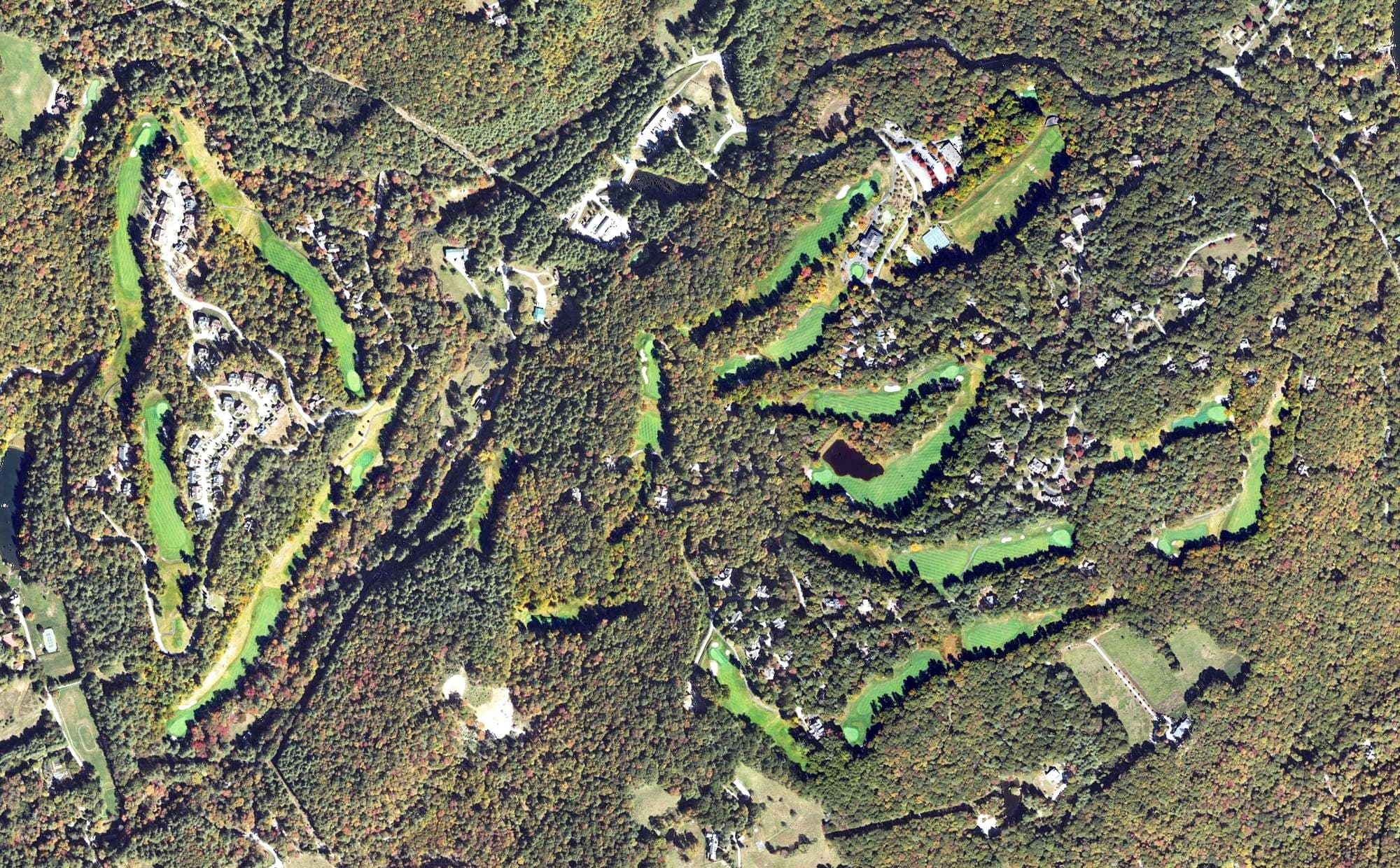 Aerial view of Trillium Links, NC, with its hole routing marked