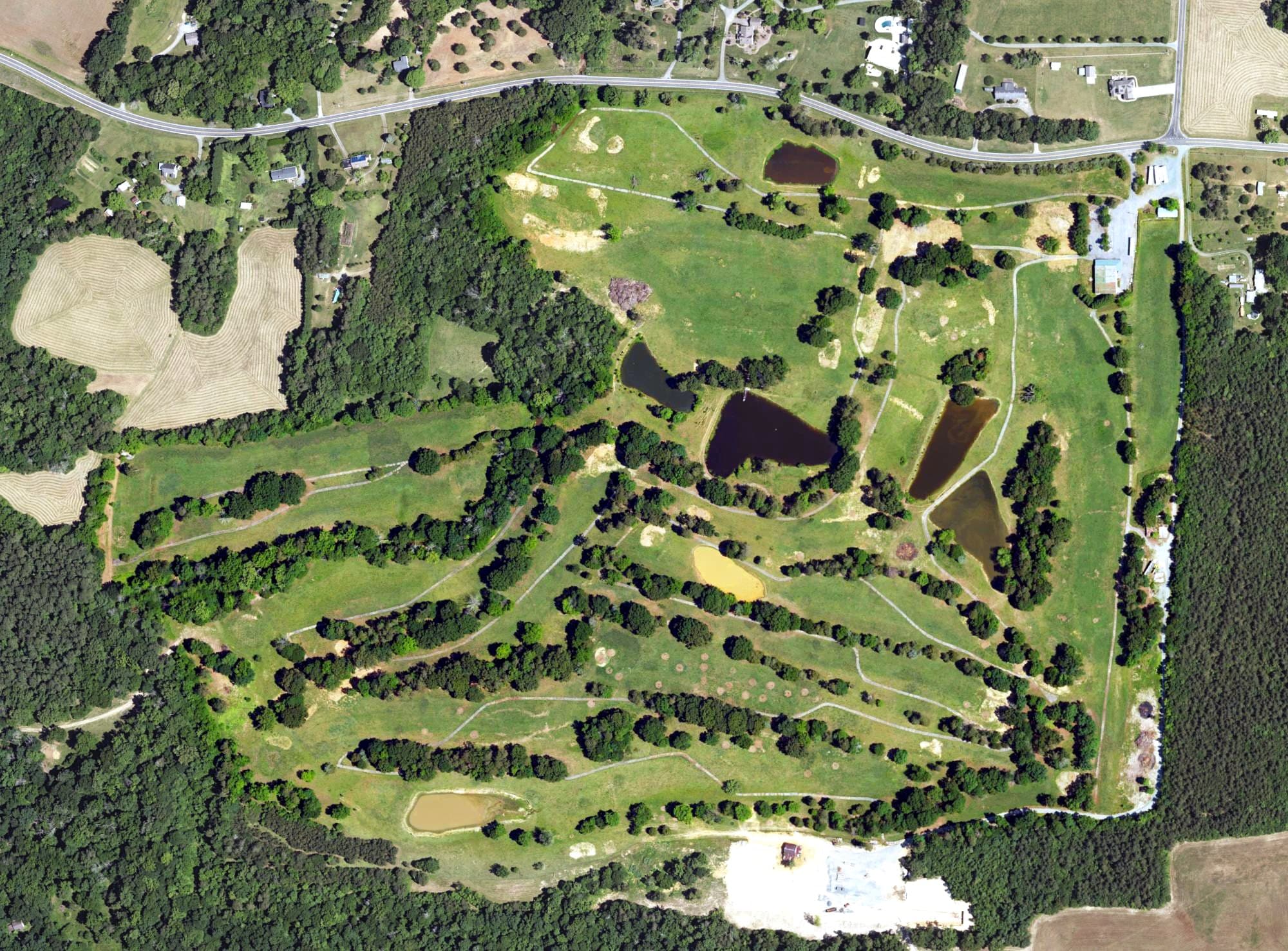 Aerial view of Walnut Woods Golf Course, NC, with its hole routing marked