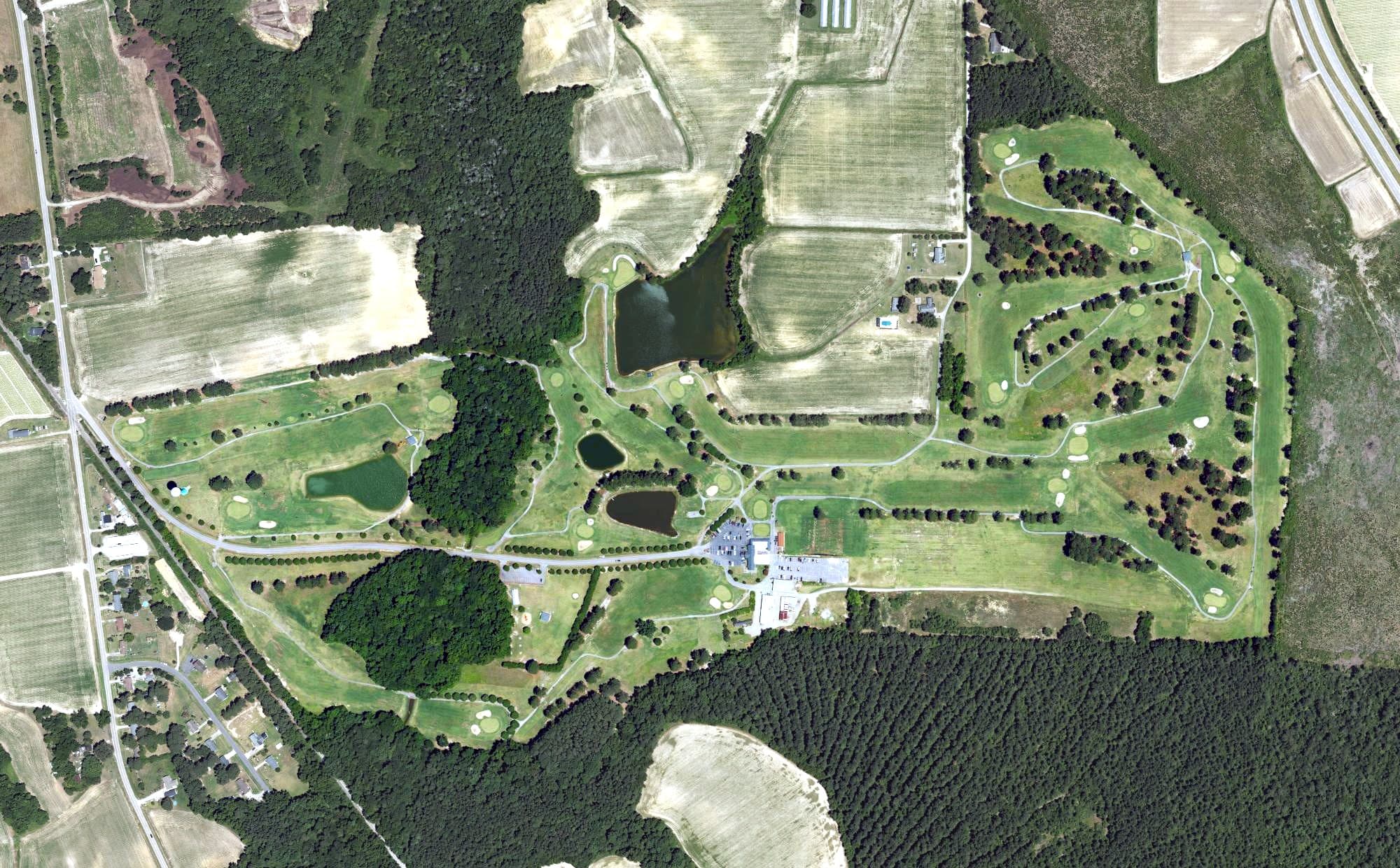 Aerial view of Wedgewood Golf Course, NC, with its hole routing marked