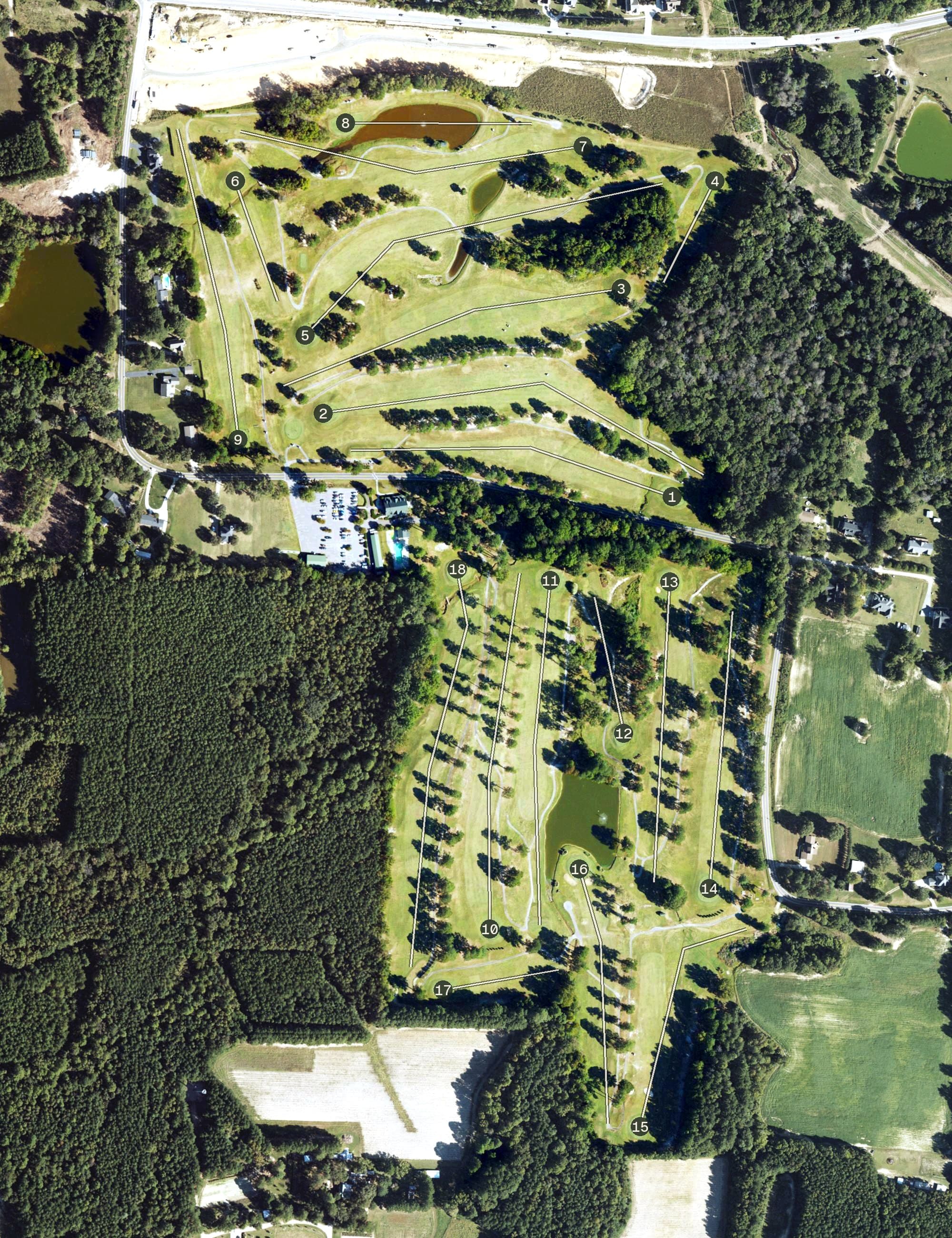Aerial view of Wendell Country Club, NC, with its hole routing marked