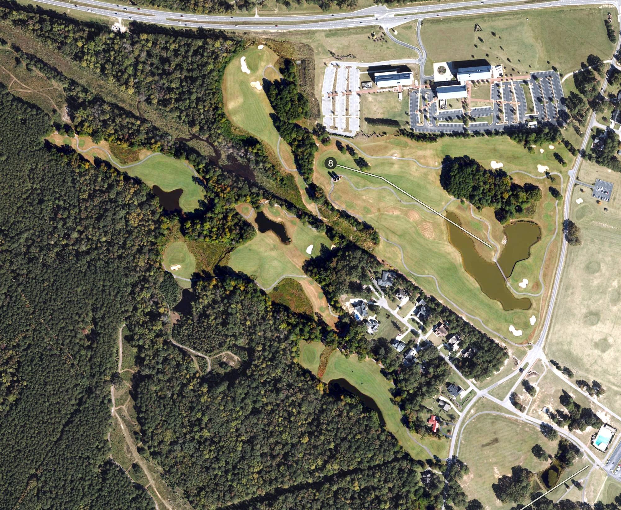 Aerial view of White Course, NC, with its hole routing marked