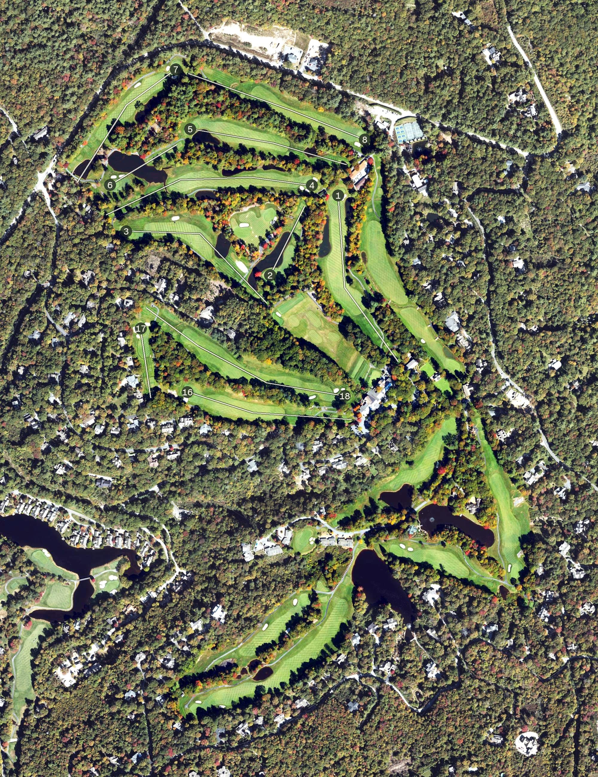 Aerial view of Wildcat Cliffs Country Club, NC, with its hole routing marked