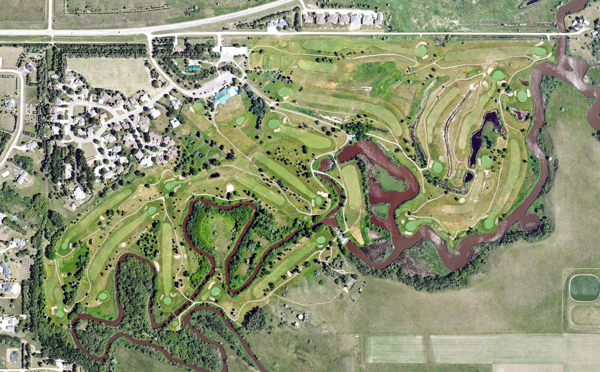 Aerial view of Apple Creek Country Club, ND, with its hole routing marked